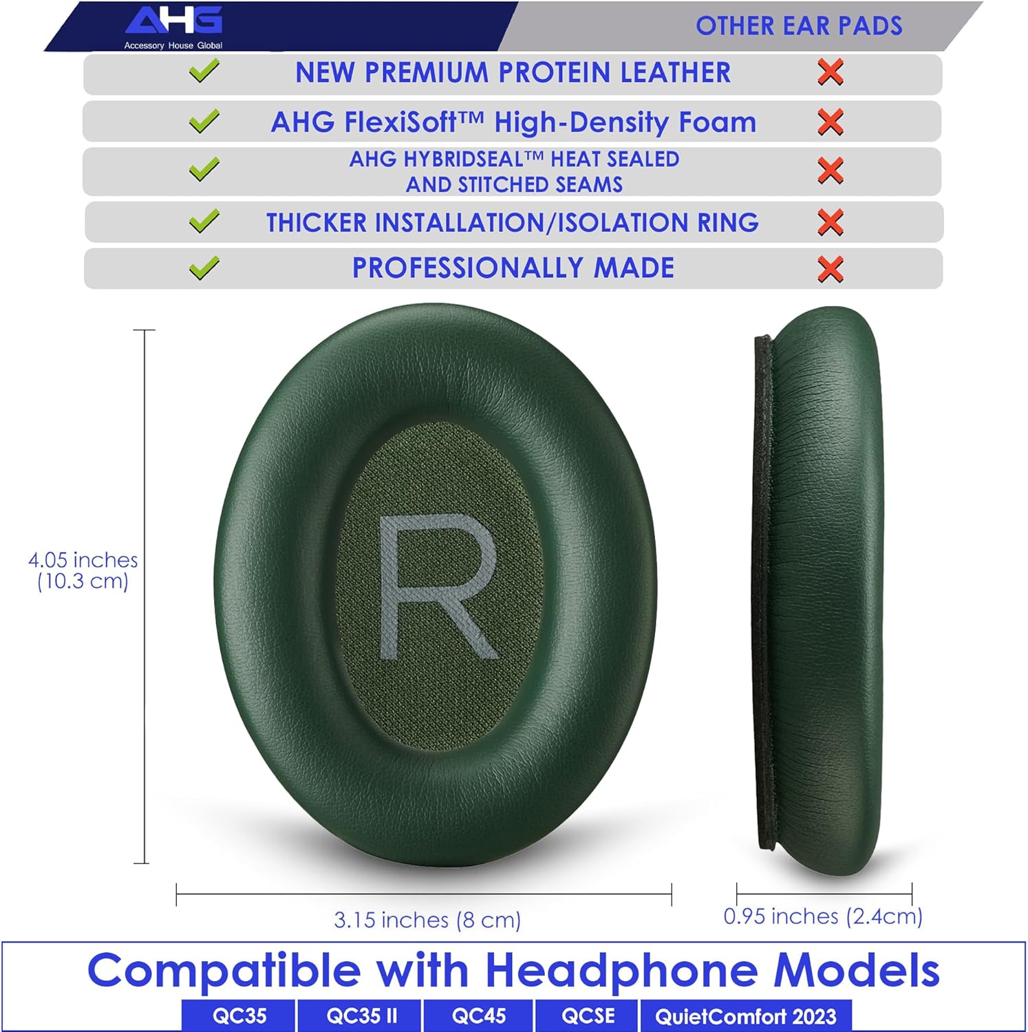 AHG Accessory House Global Replacement QC Ear Pad and Headband Pad Kit Cushion. Compatible with Bose QuietComfort 2023 QC45 QCSE QC35 II Noise Cancelling Headphones (Cypress Green). Easy DIY Fit