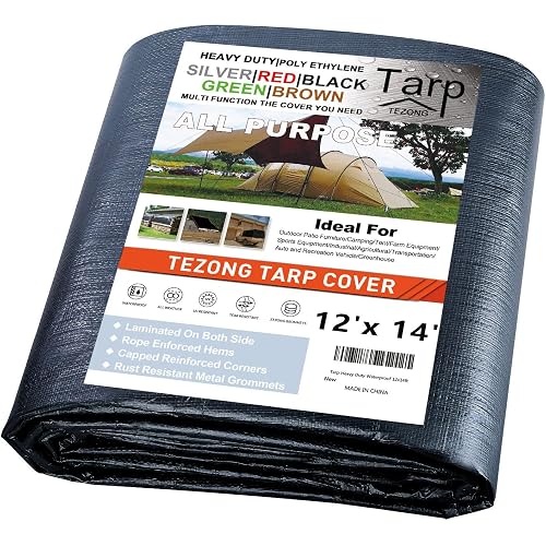 Tarps Heavy Duty Waterproof 12x14ft,TEZONG Black Tarp 12Mil Plastic Tarpaulin Outdoor Tarp Cover for Emergency Rain,Patio Furniture,Wood,Roof,Camping,Car,Pool