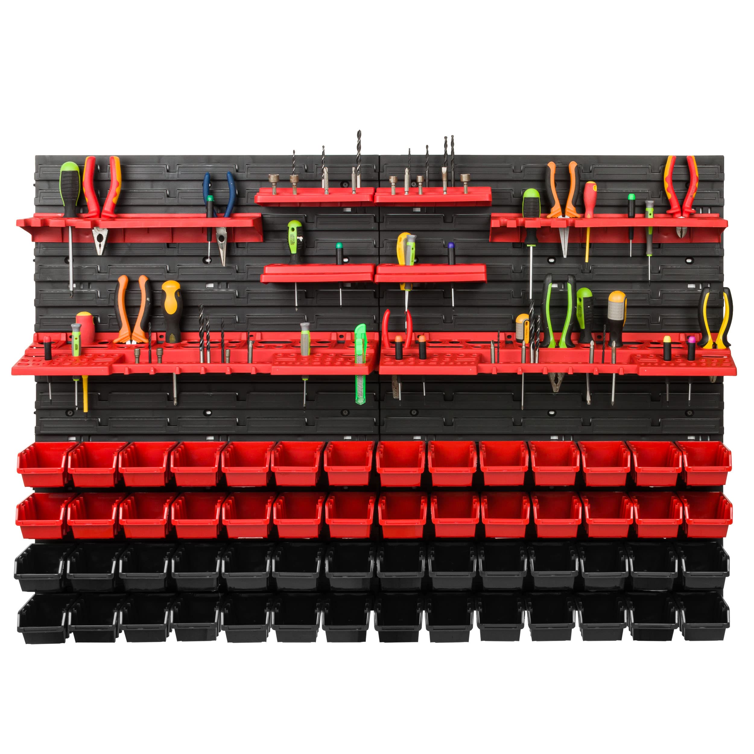 Scaffale da officina, 115 x 78 cm, 56 pezzi, con supporti per attrezzi e scatole impilabili, pannelli da parete, scaffali extra resistenti, per merci, garage, scaffali da parete