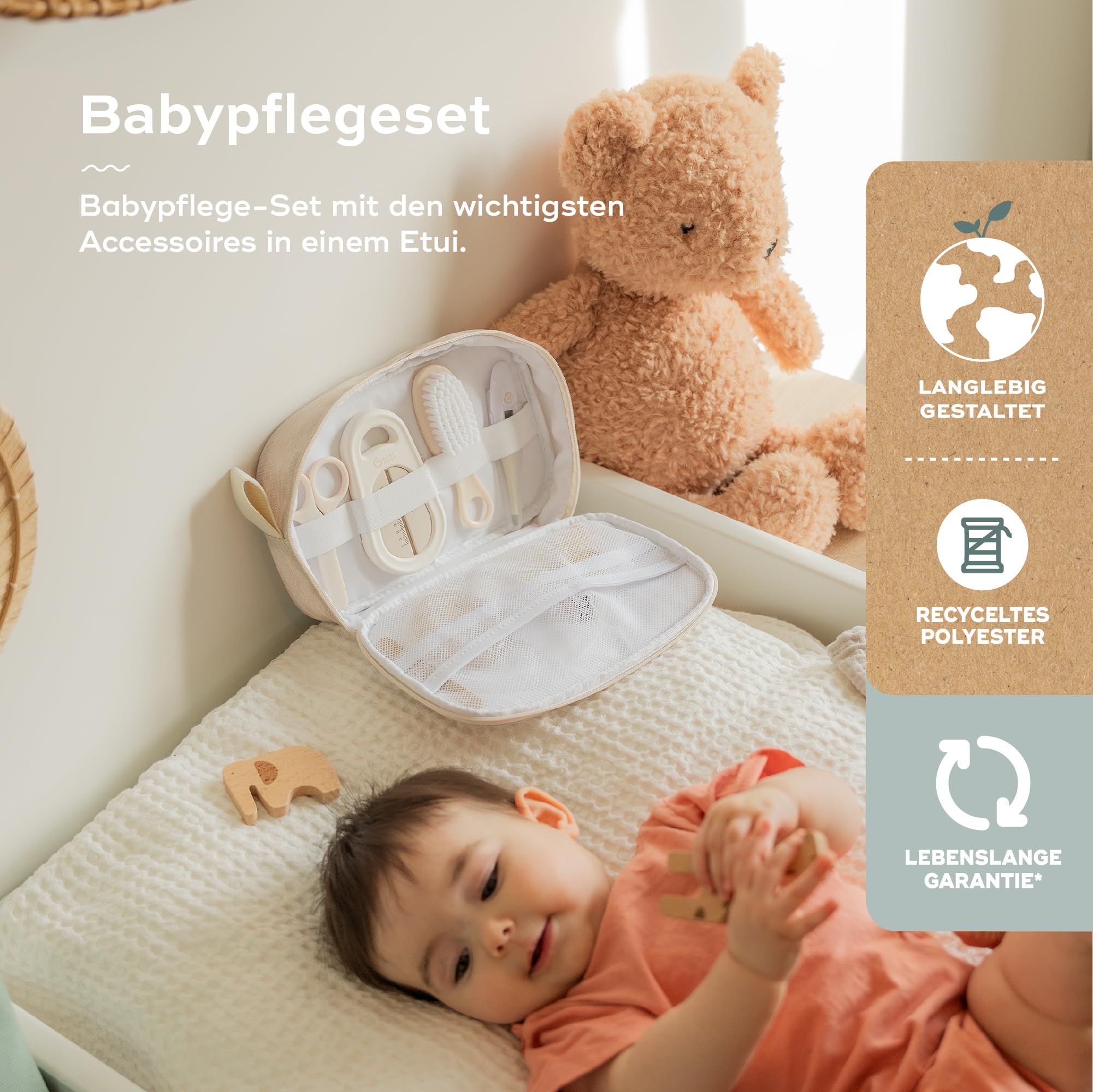 Babymoov Babypflege-Set - Kompakt & praktisch, Ab der Geburt, 9 wichtige Accessoires, darunter Haarbürste, digitales Thermometer, Badethermometer, kleiner Nagelknipser, Nagelschere, Nagelfeile, Sand