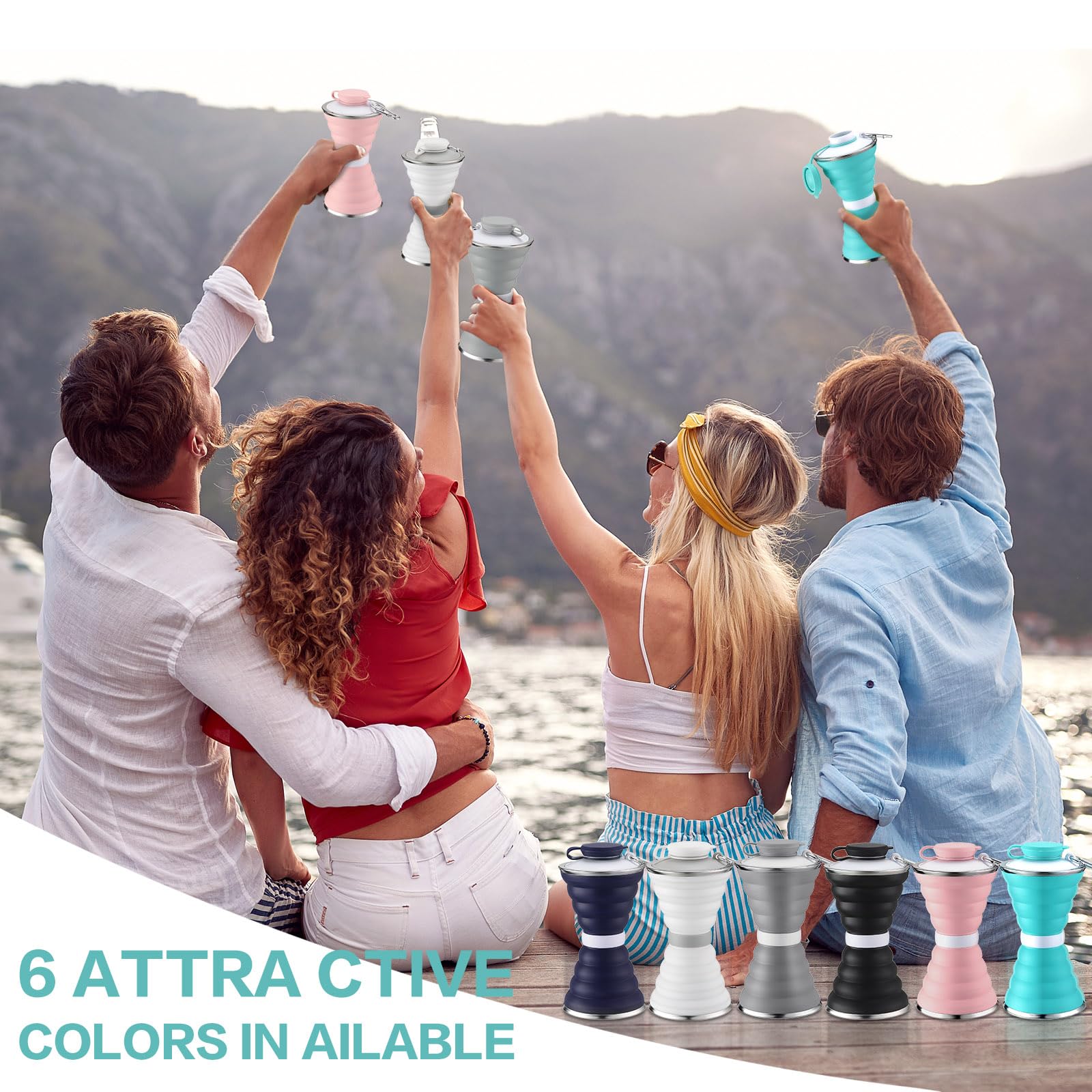 Nuenen Lot de 6 bouteilles d'eau portables pliables de 500 ml en silicone anti-fuite - Bouteille d'eau de voyage réutilisable avec boucle - Pour camping, randonnée, sport, gym, été (couleur vive)