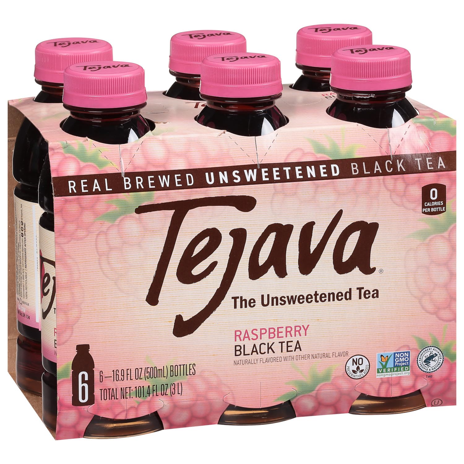 Tejava Raspberry Black Tea, 6 Pack 16.9 oz PET, Unsweetened, Ready-to-Drink Premium Iced TeaRainforest AllianceRainforest AllianceRainforest AllianceRainforest Alliance