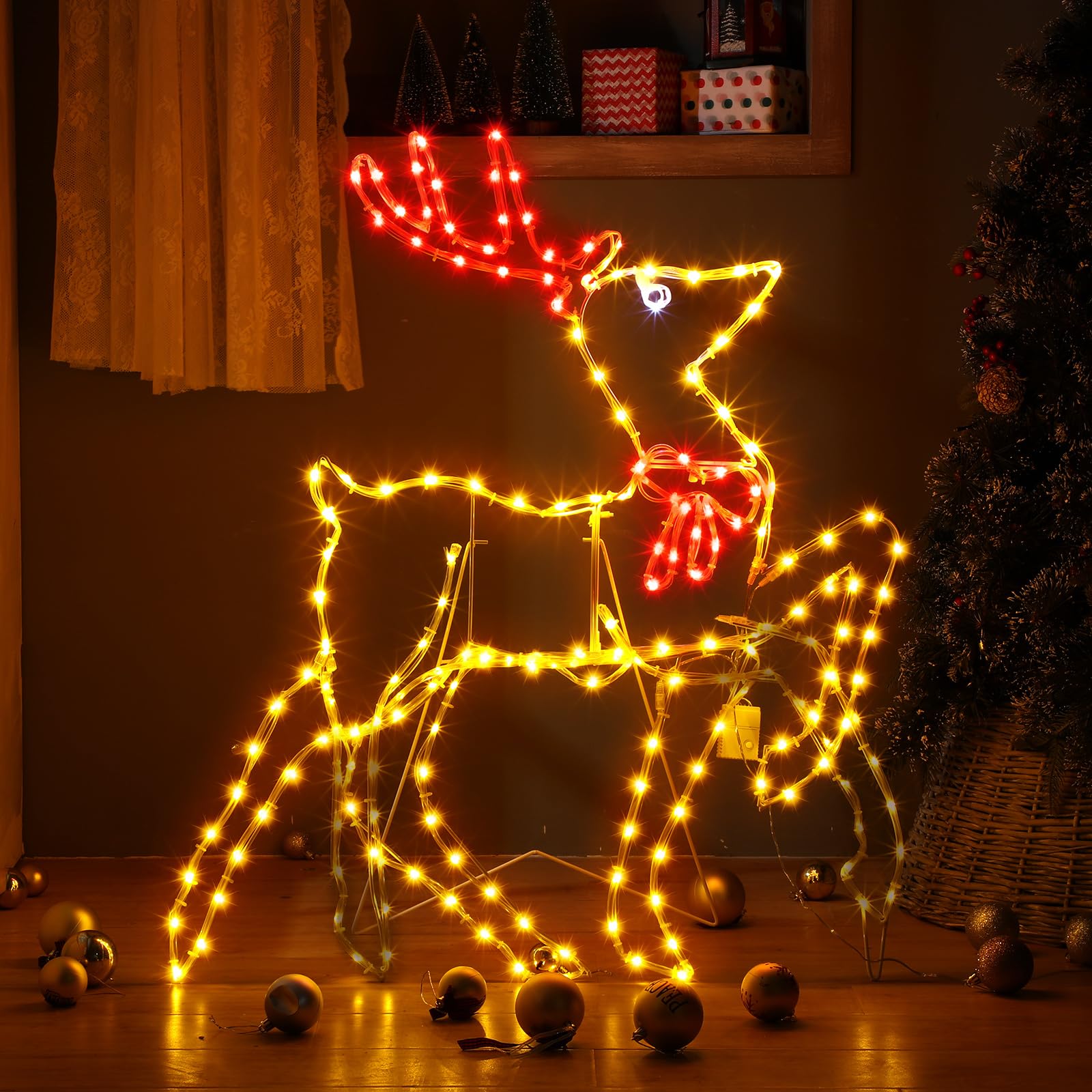 ROCEEI Folding LED Large Elk Light, Colorful Neon Light Sign Large Animated Christmas Decoration for Indoor Outdoor Yard Home Garden Christmas Festival Party Decoration (Warm White, Elk)