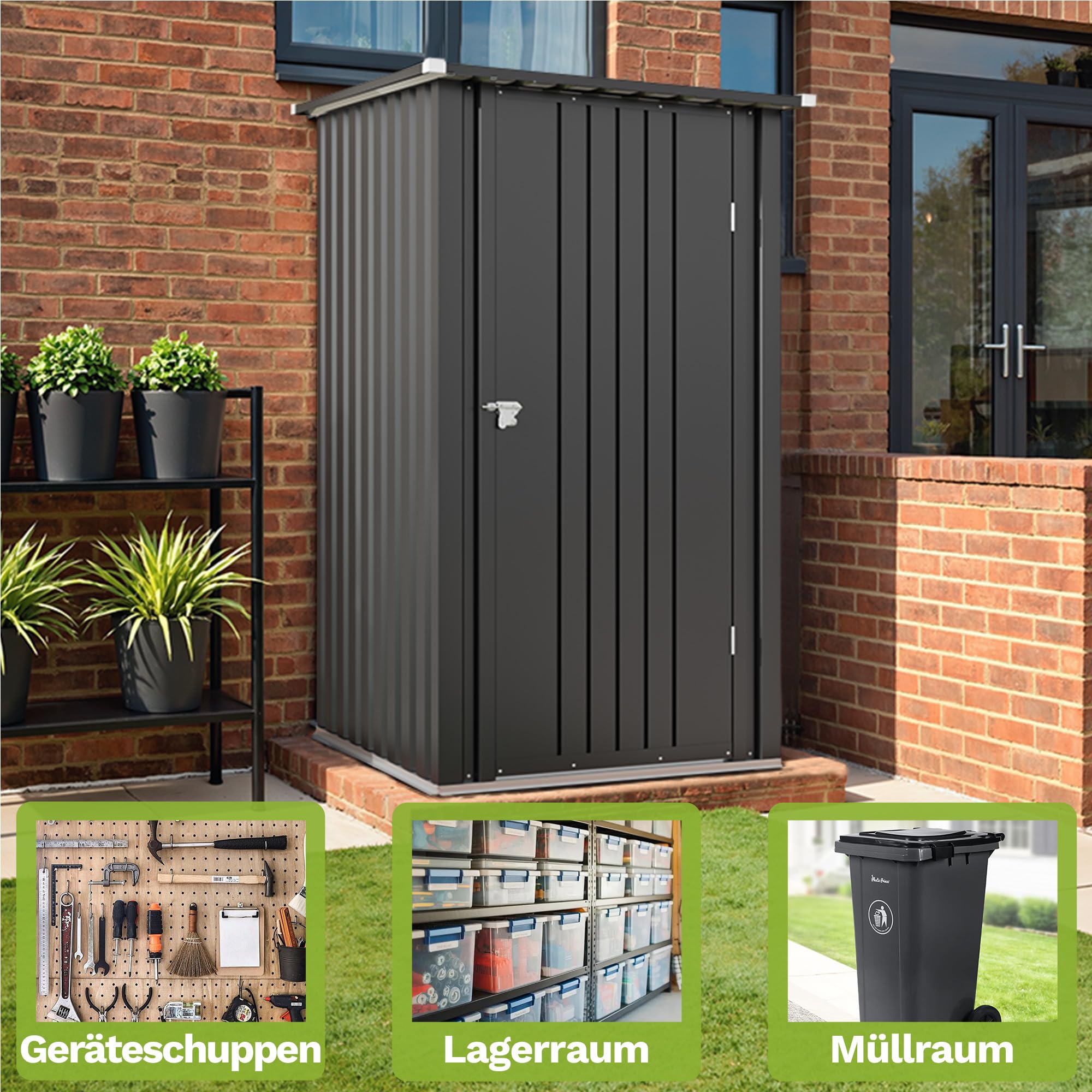 Triumphkey Metall Gerätehaus 1,5m³ 95x98x160 cm Wasserfest Geräteschuppen mit abschließbarer Tür und Pultdach Kleiner Gartenhaus für Hinterhof Terrasse und Rasen, Schwarz