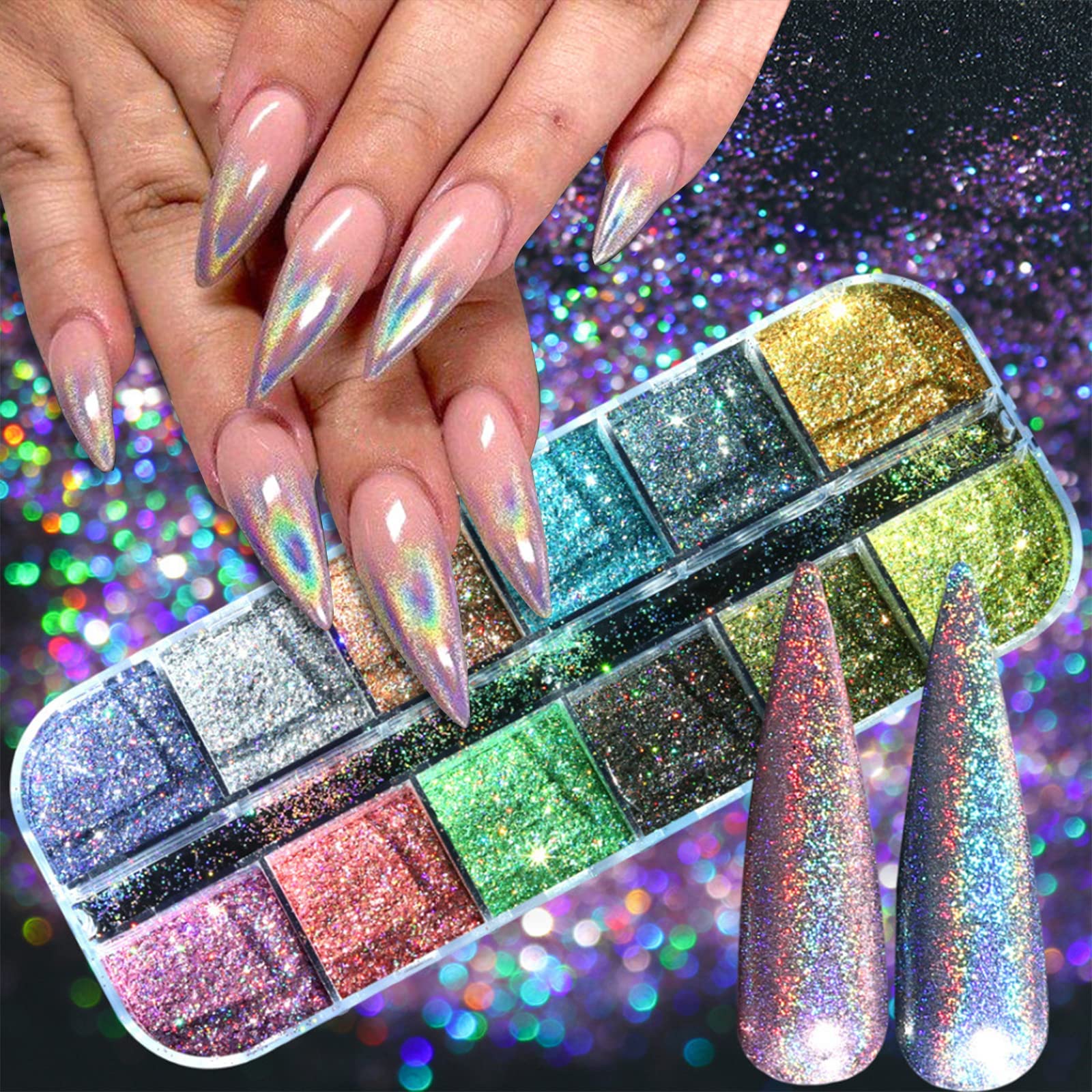BIGTHREE Holographic Chrome Nail Powder Set, 12 Colors Multi Glitter Chrome Nail Powder Mirror Laser Effect Manicure Pigment Glitter Dust Nail Art DIY Deco