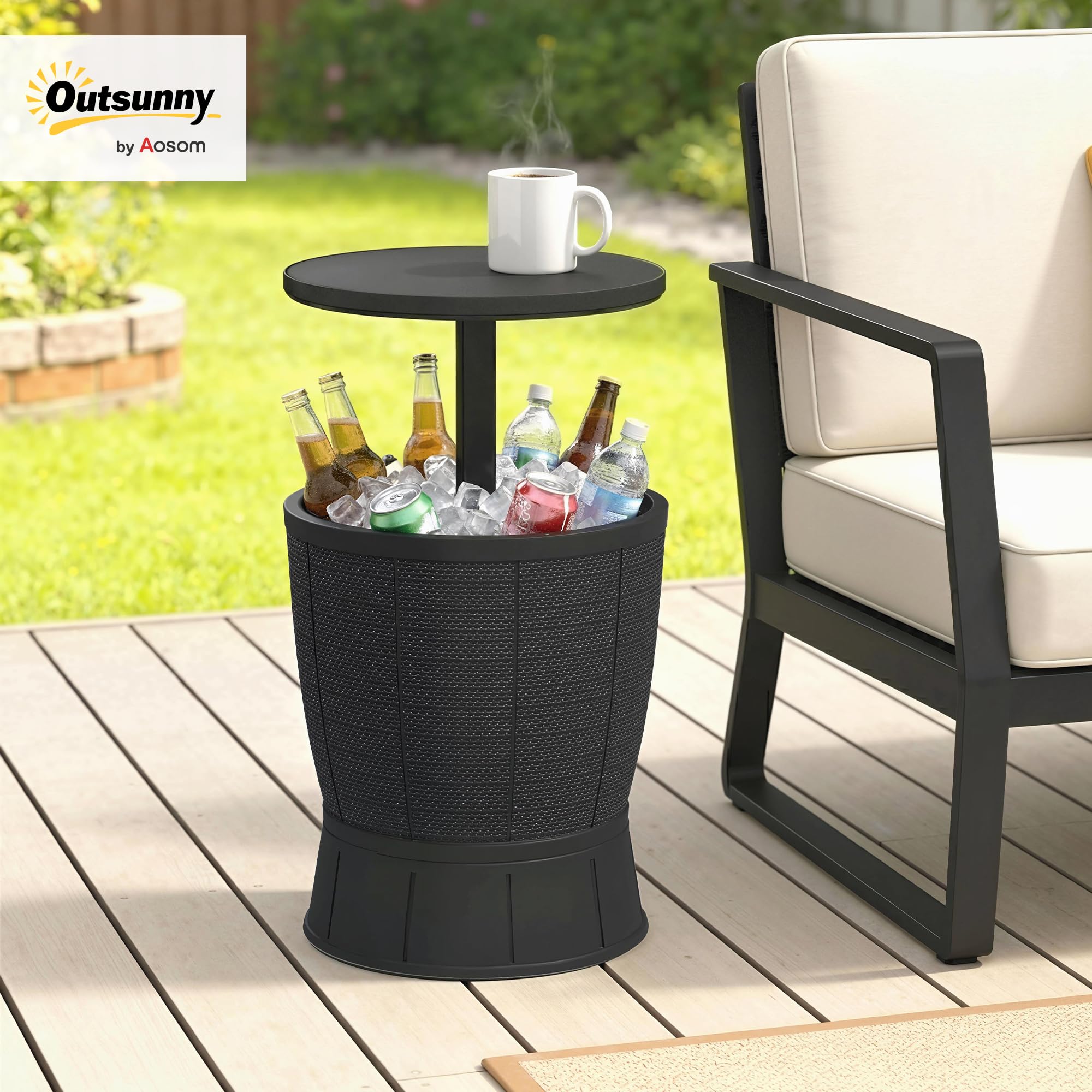 Outsunny Table à glacière 3 en 1, Table de Cocktail avec Seau à Glace, Plateau télescopique, pour bière, vin, Cocktails, Jardin, Ø 49 x 58-84 cm, Noir