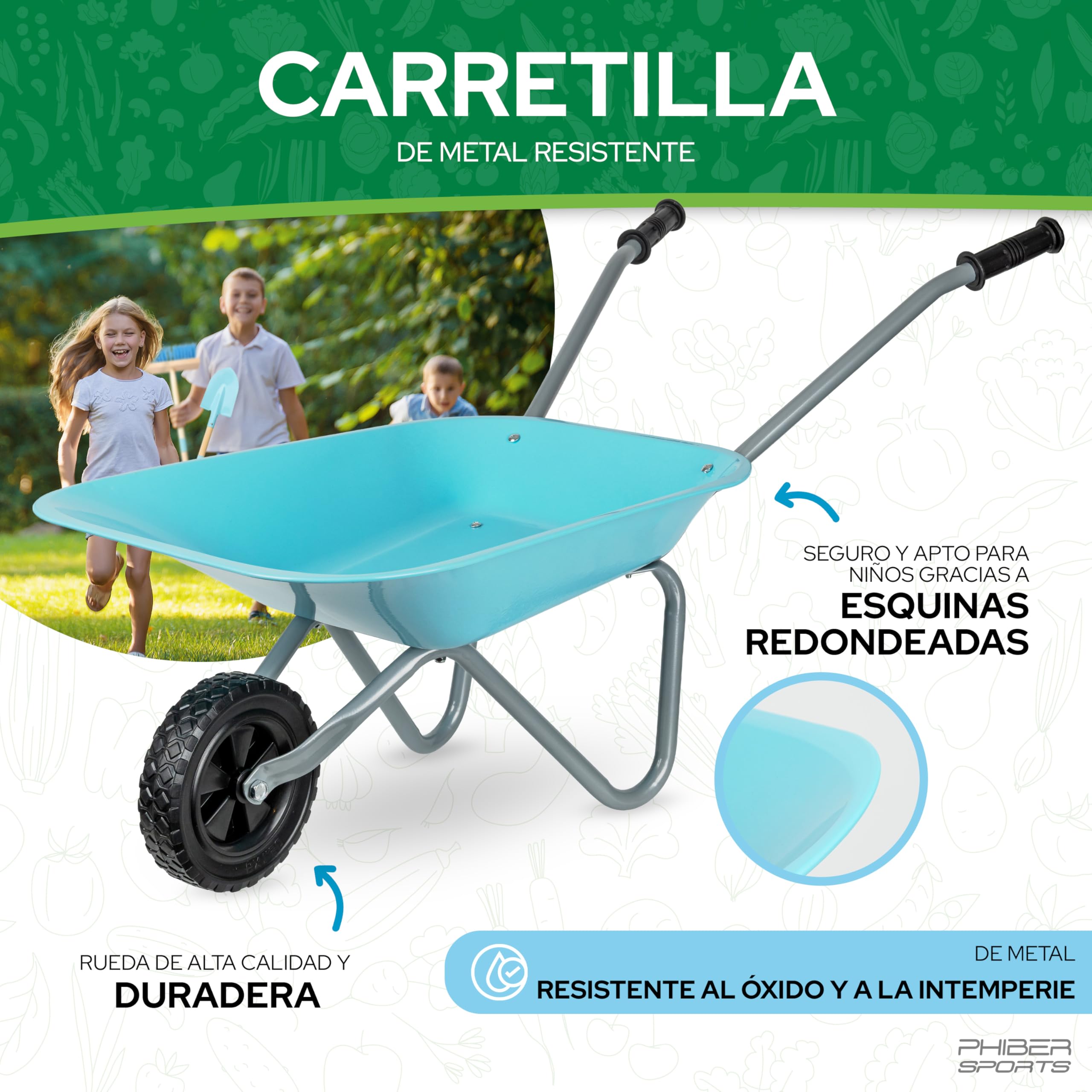 Carretilla infantil PHIBER-SPORTS con herramienta de jardín metálica: pala, escoba, rastrillo y rastrillo de hojas