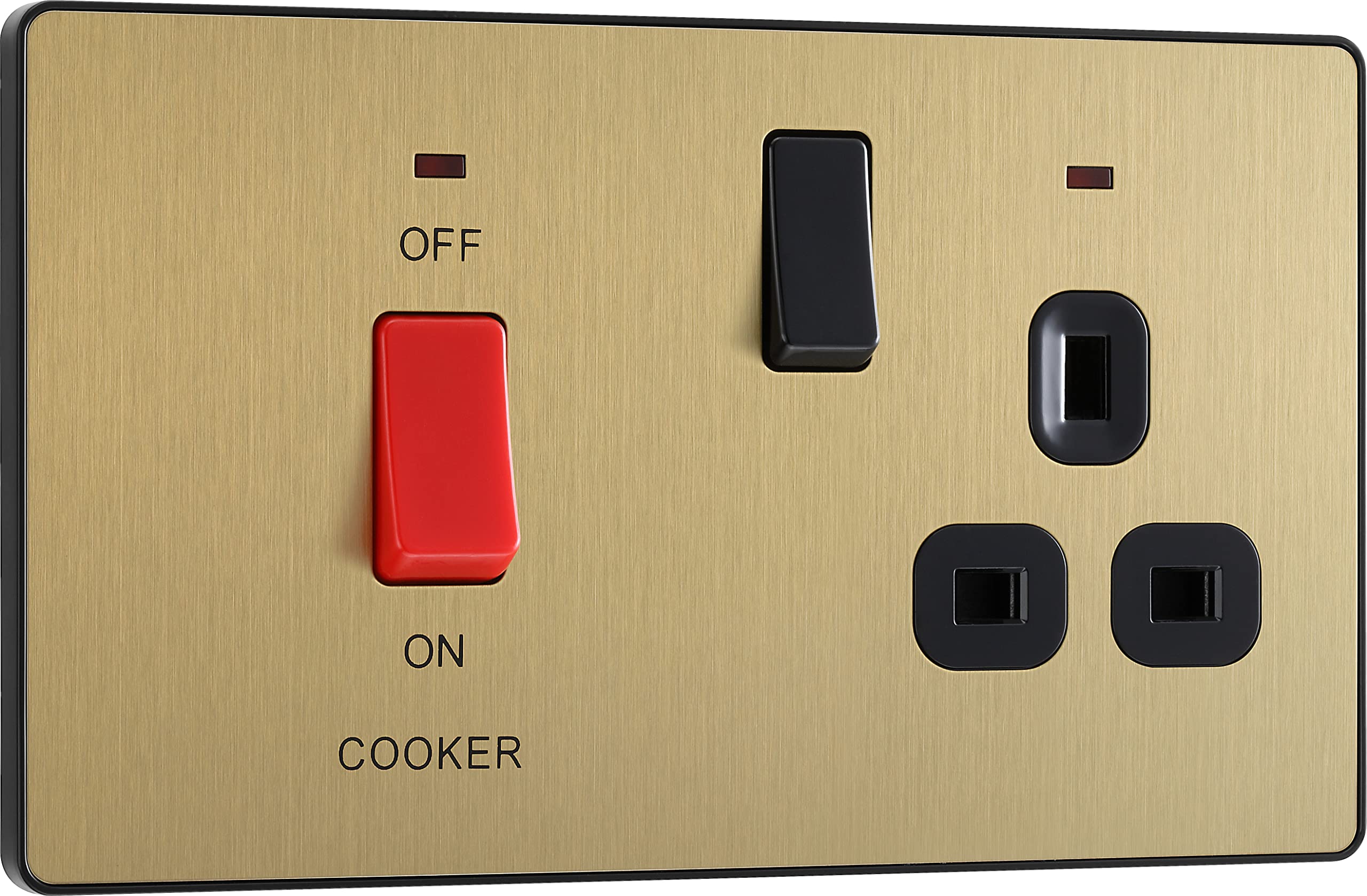 British General Satin Brass Bg Electrical Large Cooker Control Switch Unit With Led Power Indicator, Double Plate, Double Pole, Screwless Front Plate, Evolve, 45A, Pcdsb72b