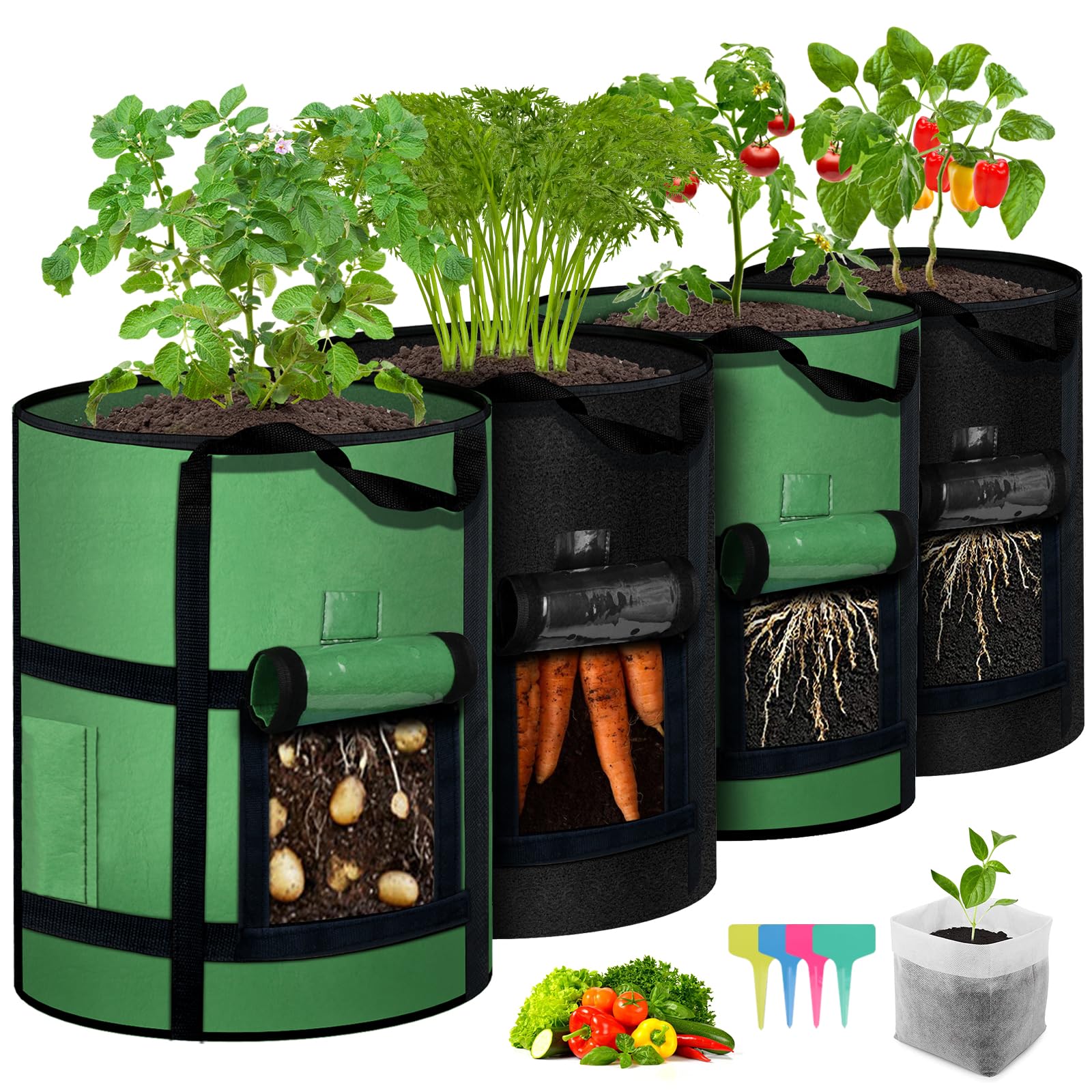 MEKOLIFE4-Pack 10 Gallon Grow Bags with Window to Harvest - Potato Grow Bags with Flap and Handles - Thickened Fabric Pots - Large Grow Bags - Tomato Garden Vegetables Grow Bags