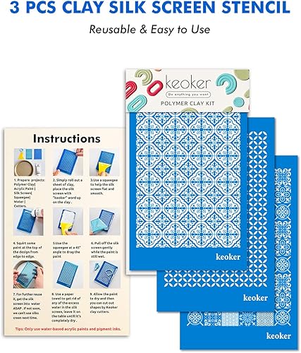 Miniatura 7 de KEOKER Pantalla de seda para azulejos para arcilla polimérica, 3 piezas de arcilla polimérica de pantalla de seda, plantillas de pantalla de seda