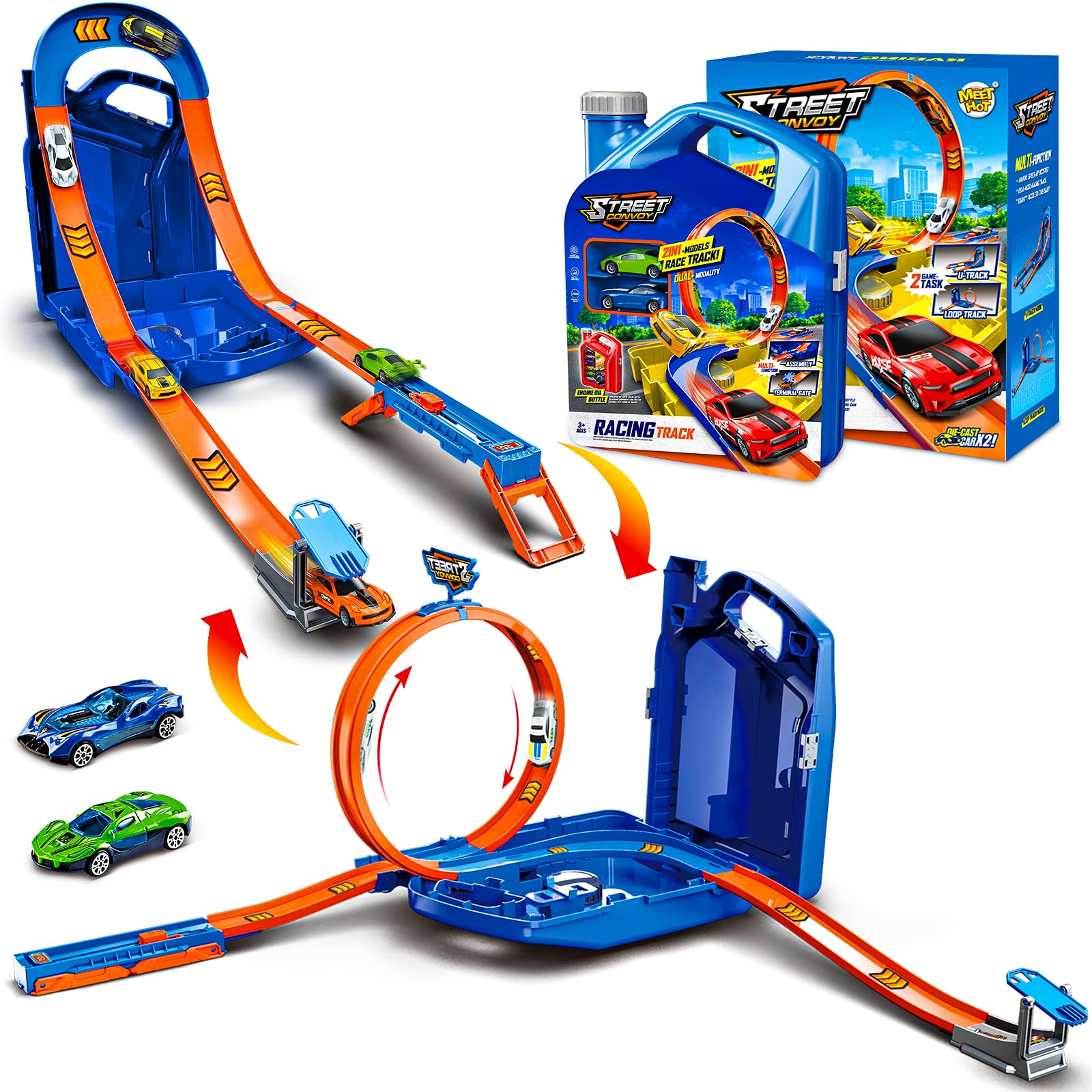 Race Track Toy Car Set with 2 Race Cars,2 in 1 Car Tracks Style with Storage Box,Changeable Tracks Toys Birthday Gifts for Kids 3 4 5 6 7 8+Year Old Boys Girls (Blue)