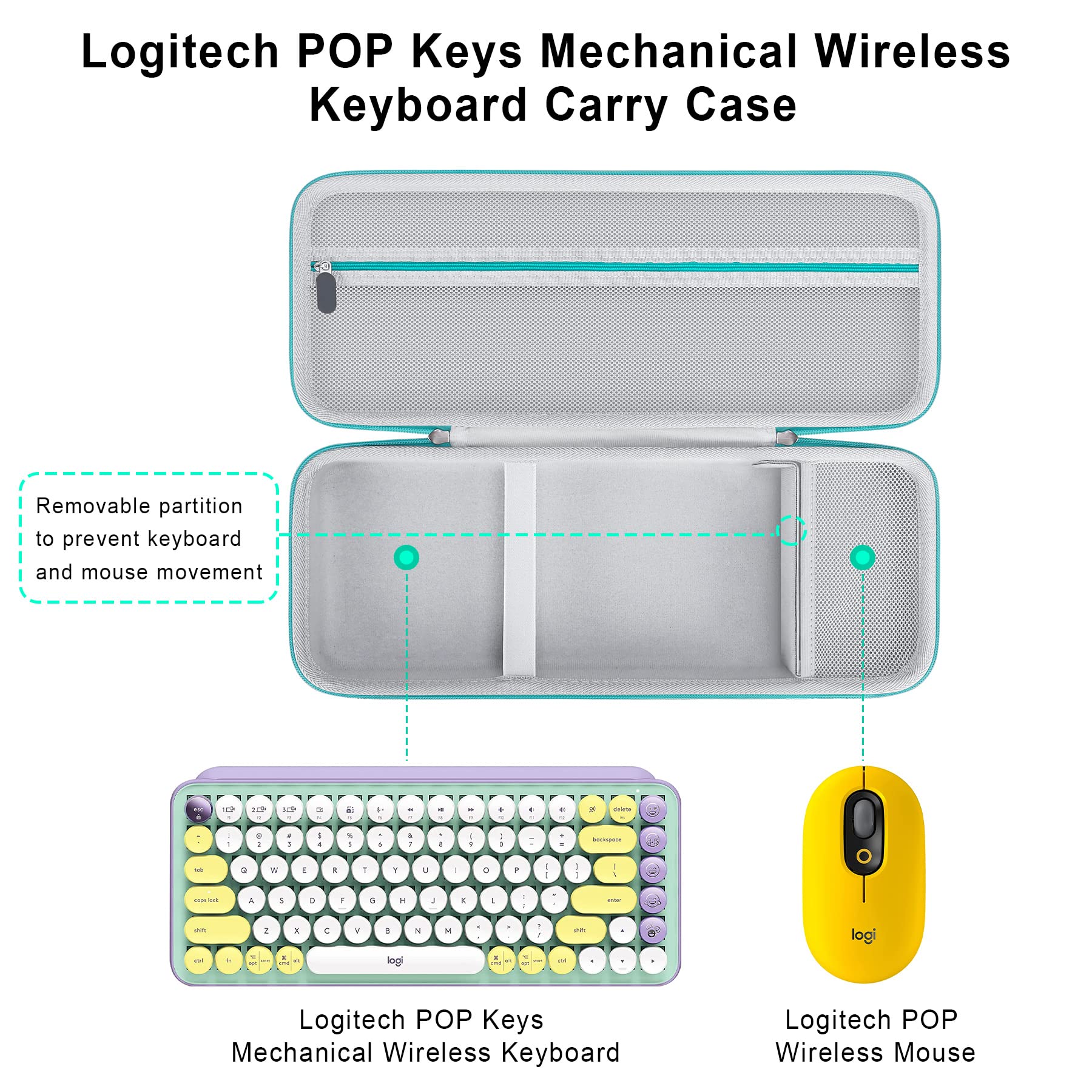 Elonbo Hard Custodia per Logitech Tastiera senza fili meccanica Tastiera senza fili, Portable Bluetooth Wireless Esterna Tastiera da viaggio, Tasca a rete extra adatta al mouse, USB inclusa, Turchese