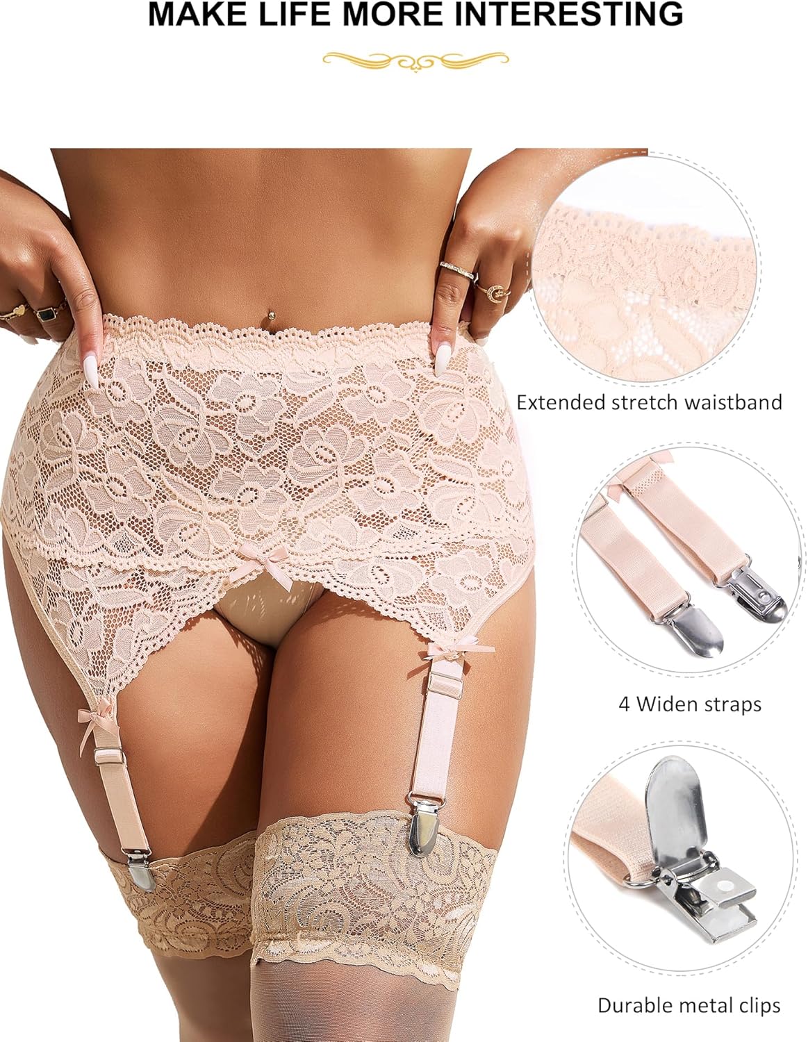 ohmydear Womens Lace Garter Belt for Thigh Highs Plus Size Mesh Suspender Belt Garter Lingerie with 4 Strap Slip - Image 6