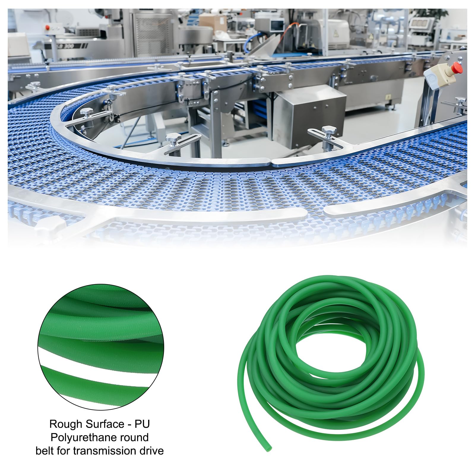 Courroie Ronde Soudée 6 Mm X 325 Mm - Polyuréthane 88 Shore, Surface Rugueuse, Vert