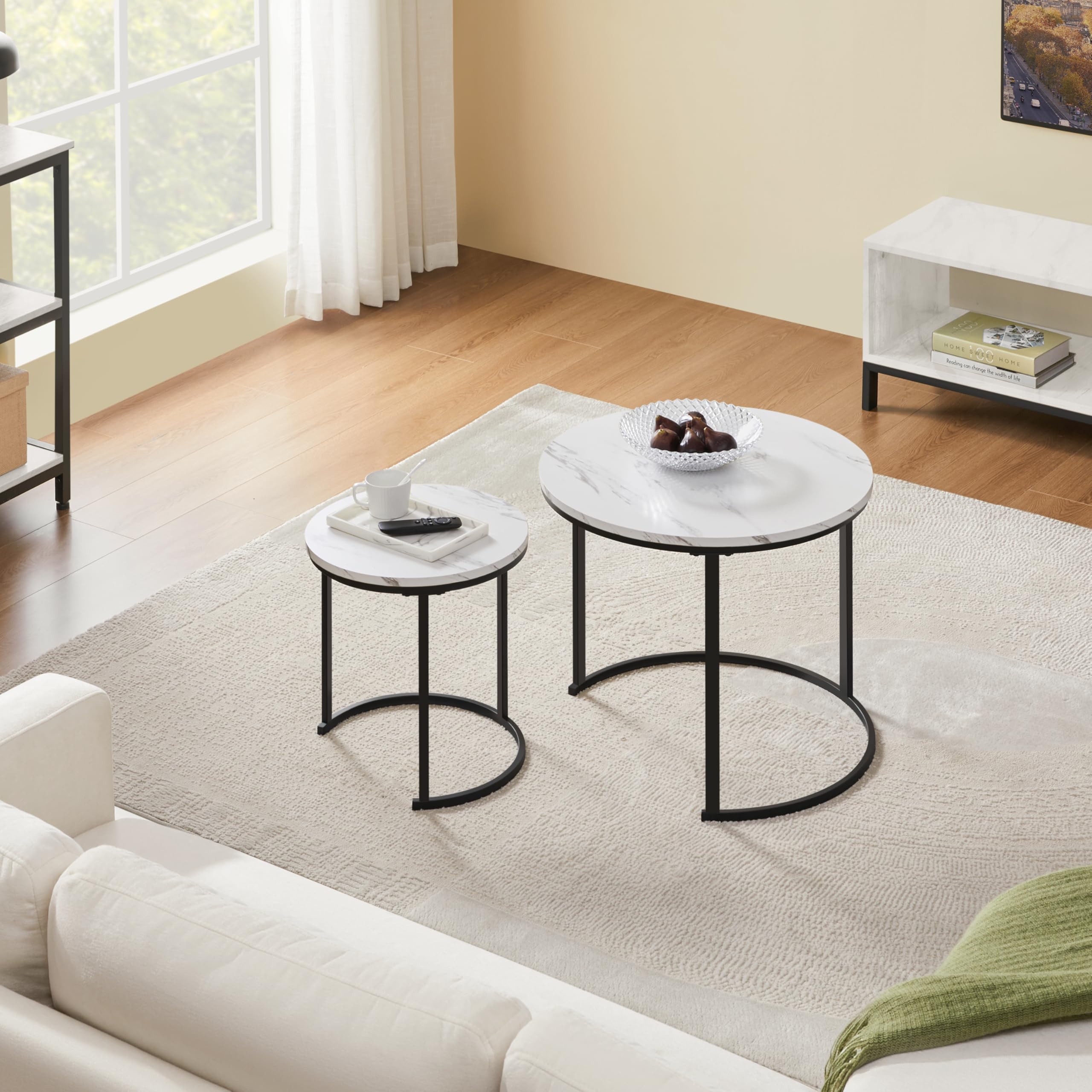 Yaheetech Set 2 Tavolini da Salotto Sovrapponibili Rotondi Design Moderno Tavolini da caffè Estraibili Mobile per Soggiorno Salotto, Bianco