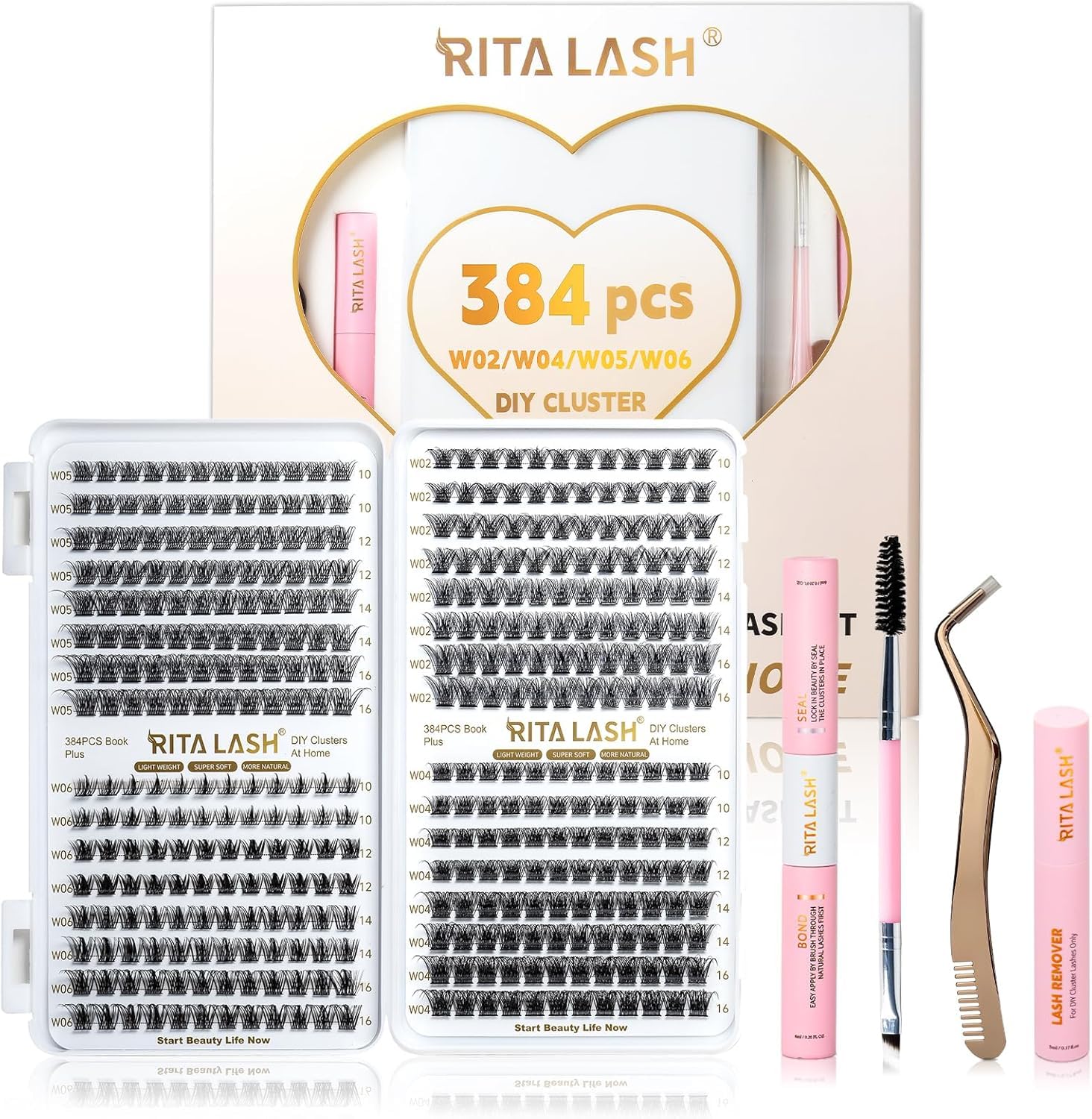 RITALASH Kit di extension per ciglia fai da te, 384 pezzi, kit per extension per ciglia con pennello per mascara, applicatore per rimuovere colla e colla per ciglia (384 pezzi W02+W04+W05+W06)