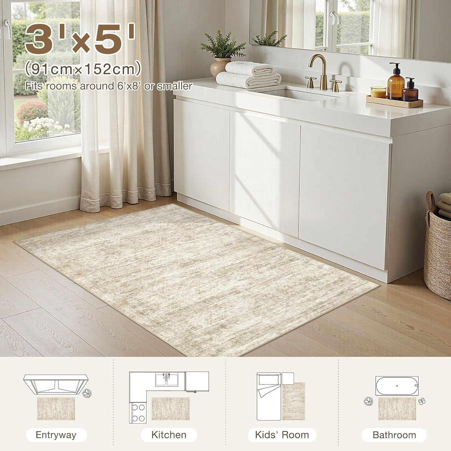 cotiled Large Area Rugs for Living Room, Machine Washable Rugs with Non Slip Backing Modern Neutral Abstract Rugs Stain Resistant Distressed Carpets for Home Office Decor (3x5 Beige/Brown)