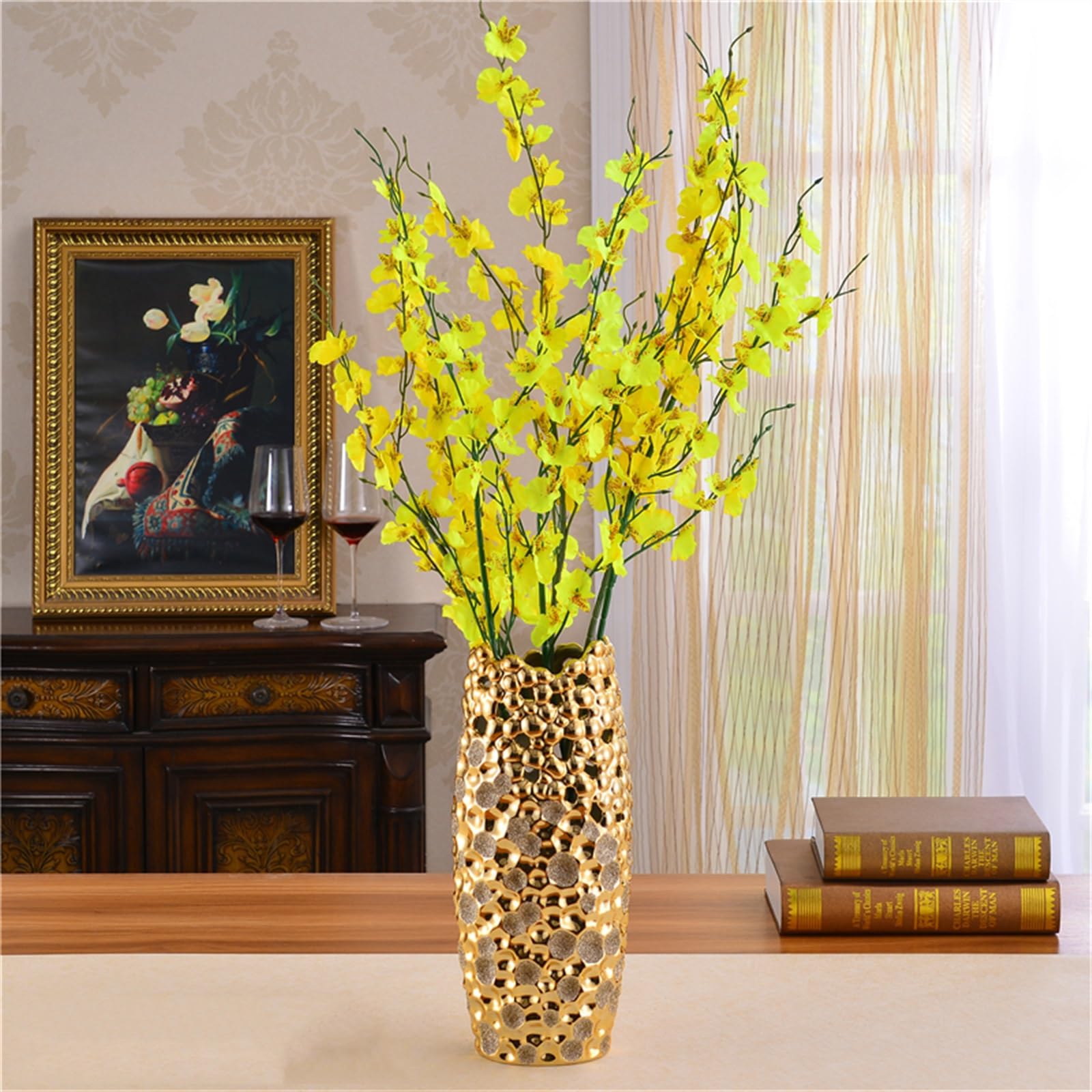 Florero Jarrón Dorado Brillante, decoración Creativa de jarrón, artesanía de cerámica, decoración del hogar, Sala de Estar, Mueble de TV, Arte Floral Moderno Jarrones para Flores
