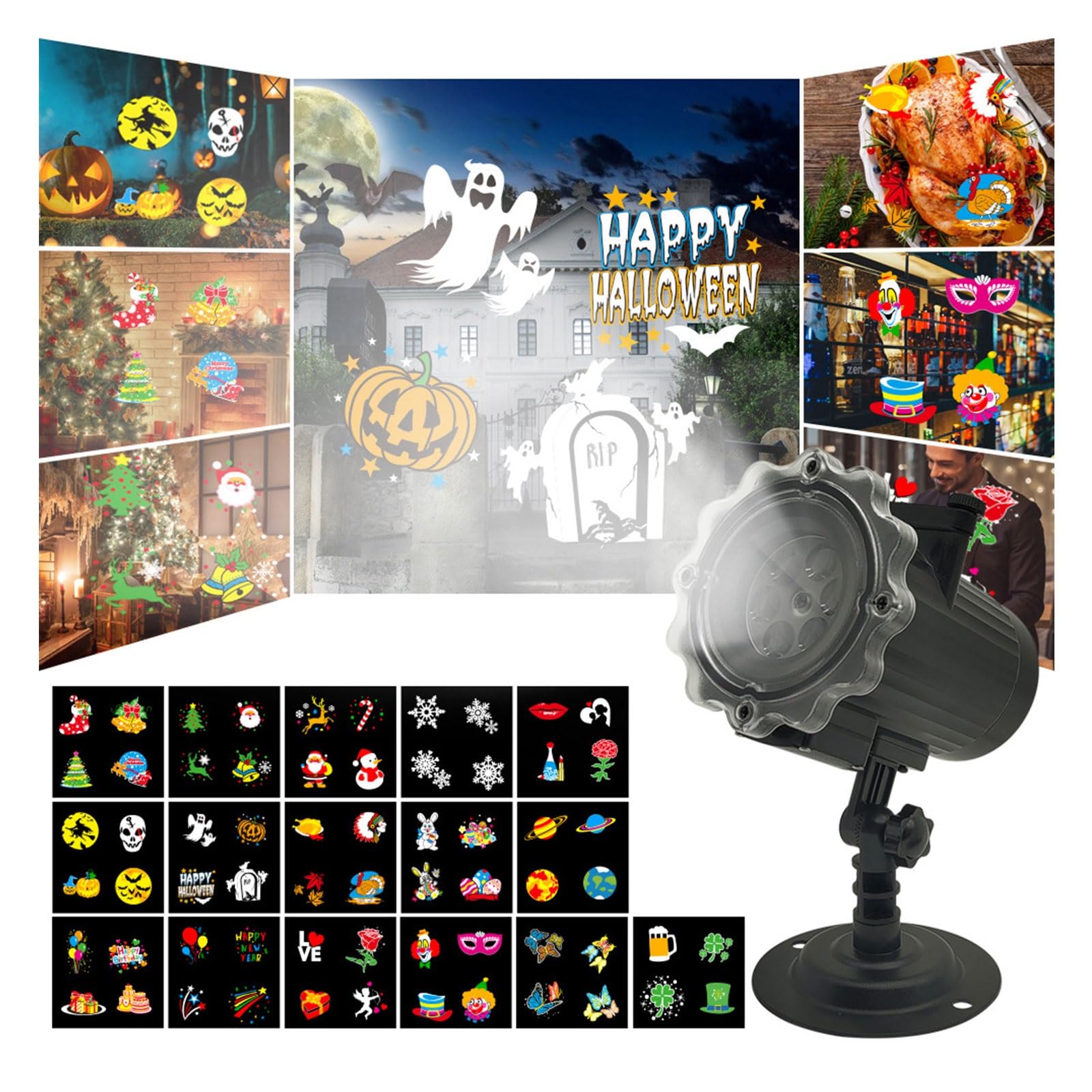 16 projecteurs d'effets HD pour Halloween, décorations de Noël, extérieur, étanche, 16 motifs mobiles, plusieurs thèmes - Projecteur de vacances 12025AQ (16 pièces, pas de décoloration)