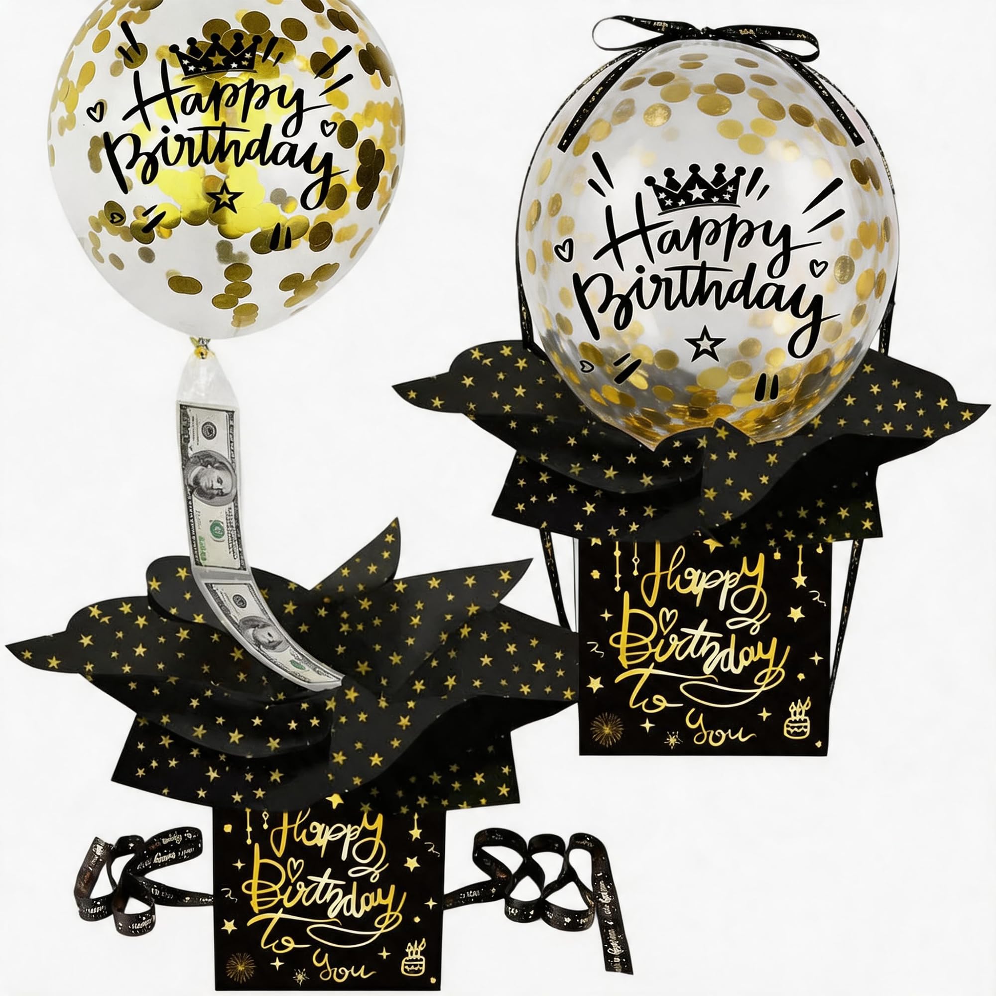 41-Piece Black Gold Birthday Money Box Cash Gift Pull, 12cm Cube