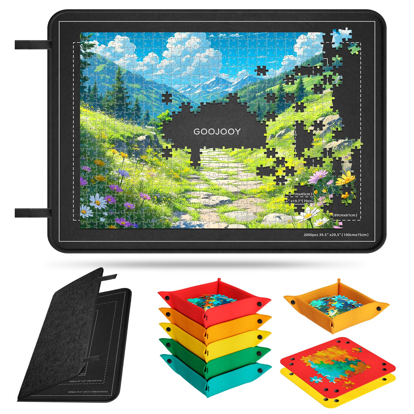 Plateau Puzzle Pliable Jusqu'à 2000 Pièces - 105x80 cm Grand Planche Puzzle en Feutre avec 8 Plateaux de Tri et Couvercle, Surface Anti-dérapante, Rangement Facile