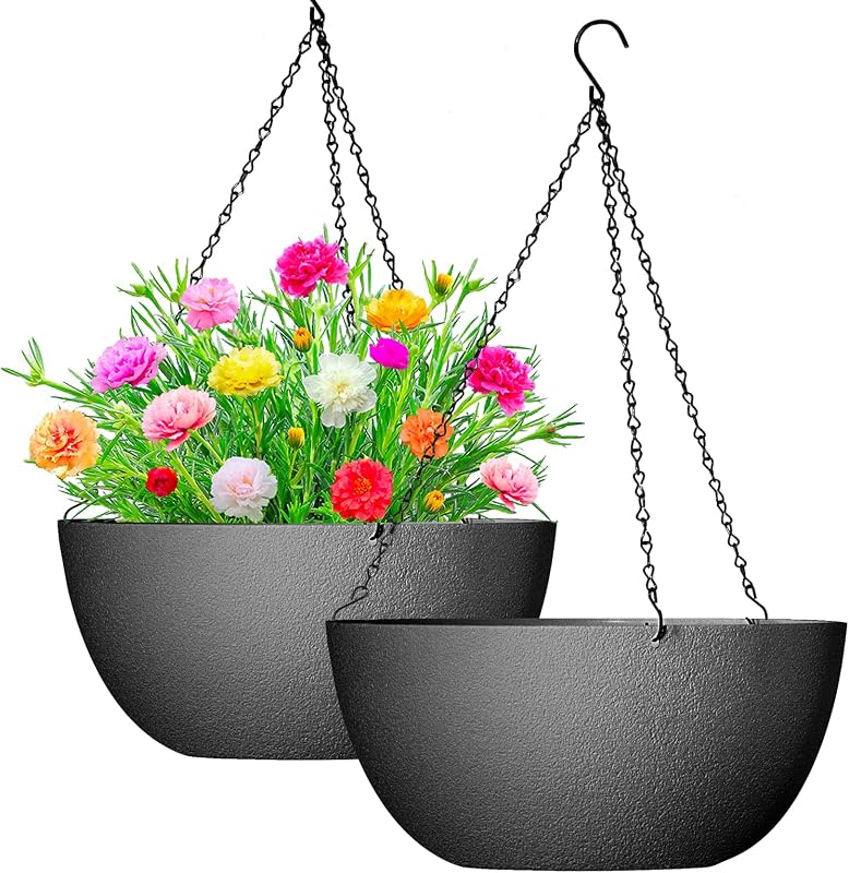WOUSIWER Macetas colgantes grandes de 13.0 in, 2 unidades, para plantas de interior y exterior, con agujeros de drenaje y cadena, macetas redondas para colgar para decoración de jardín, hogar, porche, color negro