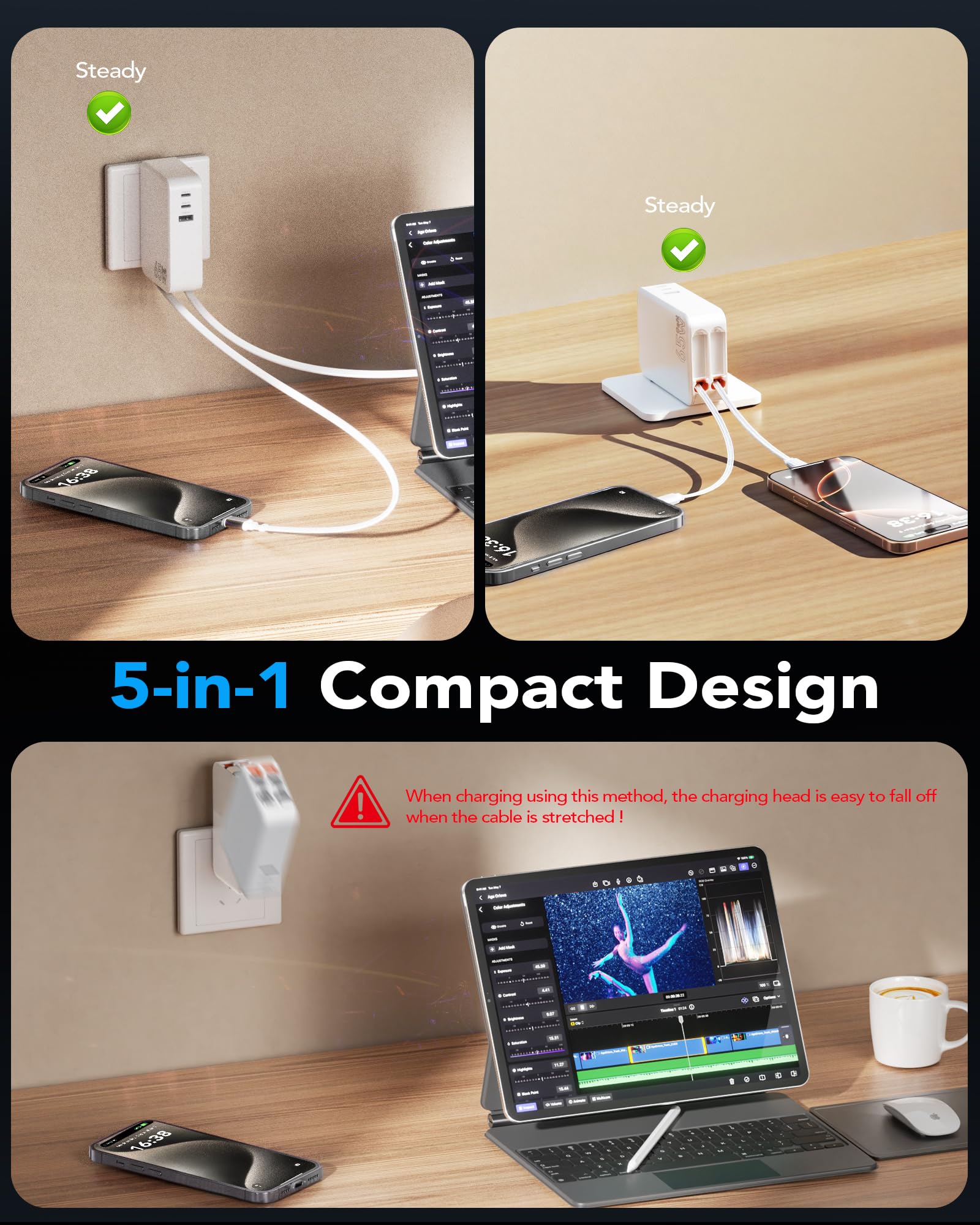 Caricabatterie retrattile 5 in 1 USB C, 65 W, 3 porte, con cavo retrattile, cavo GaN Retratable Charger Dual Type C per MacBook Pro/Air, iPhone 17/16/15, iPad, Galaxy, Pixel