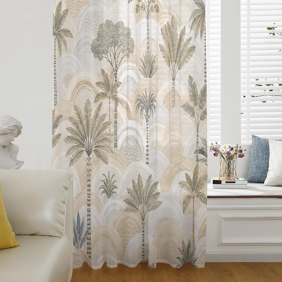 Cortinas semitransparentes con diseño de árboles tropicales para sala de estar, dormitorio, puertas francesas, ventana de 71.7 in de largo, diseño vintage de árboles botánicos de verano con bolsillo para barra de gasa, cortinas de gasa