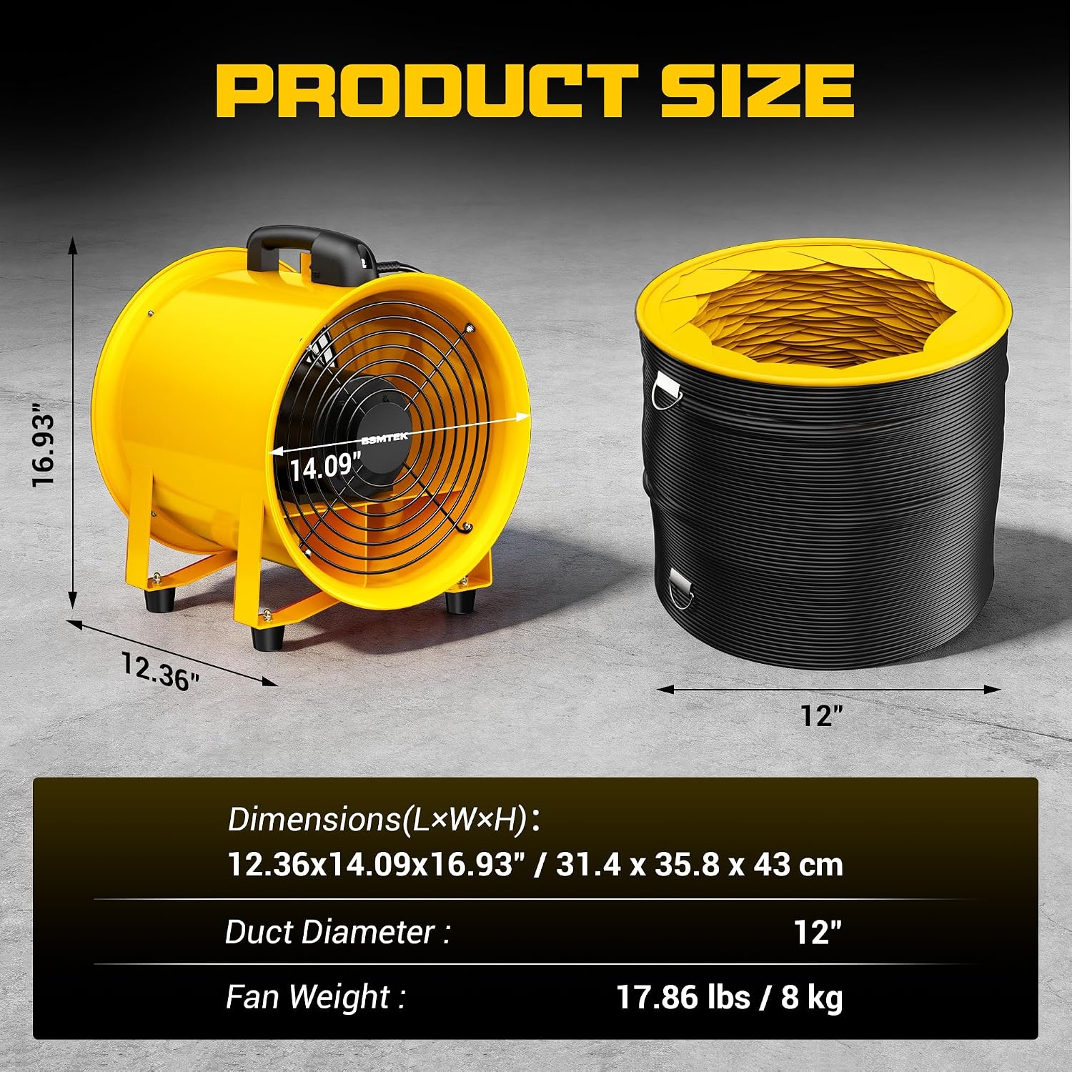 12 Inch High-Velocity Air Mover Blower Fan, 3500CFM 550W with 33FT Duct Hose, Low-Noise Industrial Portable Ventilator Blower for Basements, Workshops, Warehouses, Confined Spaces