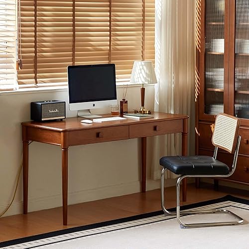 Miniatura 6 de YESWOOD Escritorio de madera maciza con cajones, escritorio de oficina moderno de mediados de siglo, escritorio de computadora con 2 cajones para