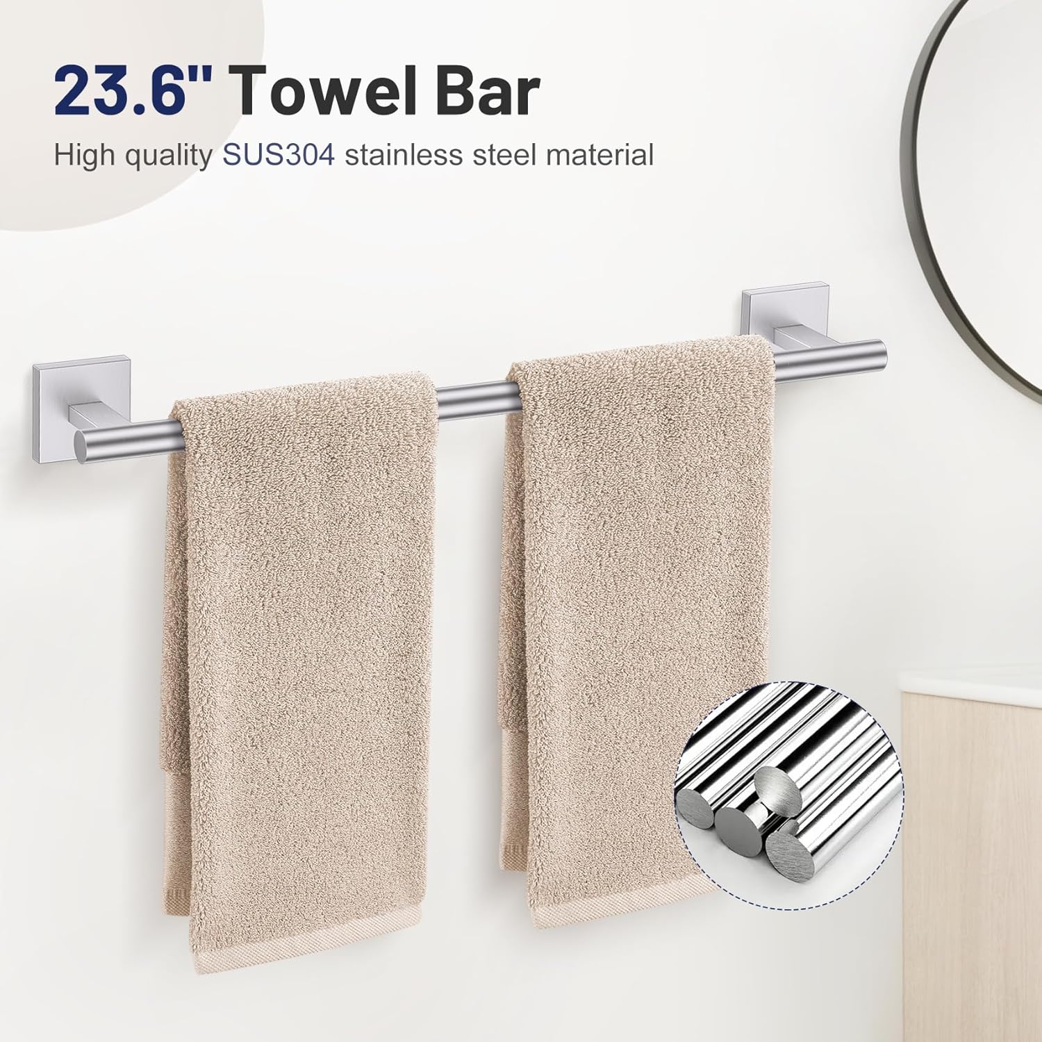 Lairuier 5 Pieces Bathroom Hardware Set, Brushed Nickel Towel Bar Set Includes 23.6” Towel Bar, Towel Ring Holder, Toilet Paper Holder and Two Towel Hooks, Bathroom Accessories Set SUS304 Wall Mounted