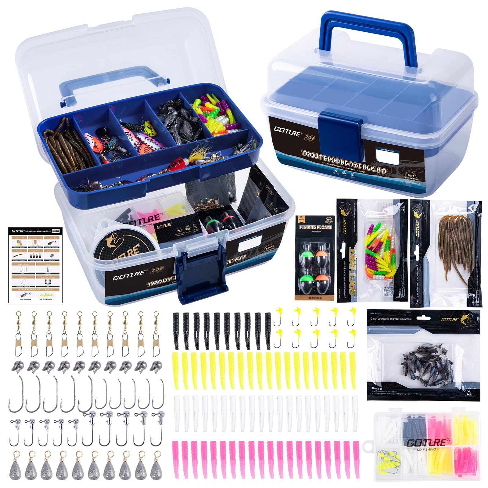 Goture 209-Teilig Forellenköder Set, Angelköder Set mit herausnehmbarer Köderbox, Forellen Angeln Zubehör mit Gummiköder, Spoons, Haken, Blei, für Süßwasser Forelle Barsch Angeln