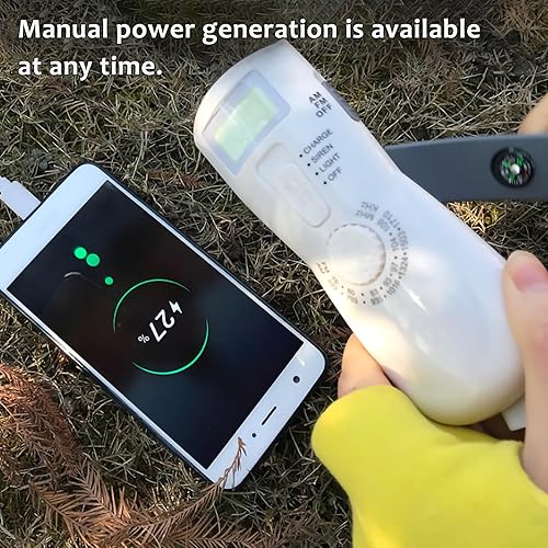 Miniatura 3 de Banco de energía de manivela con linterna LED, generador manual portátil, cargador de emergencia, fuente de alimentación solar y recargable por USB