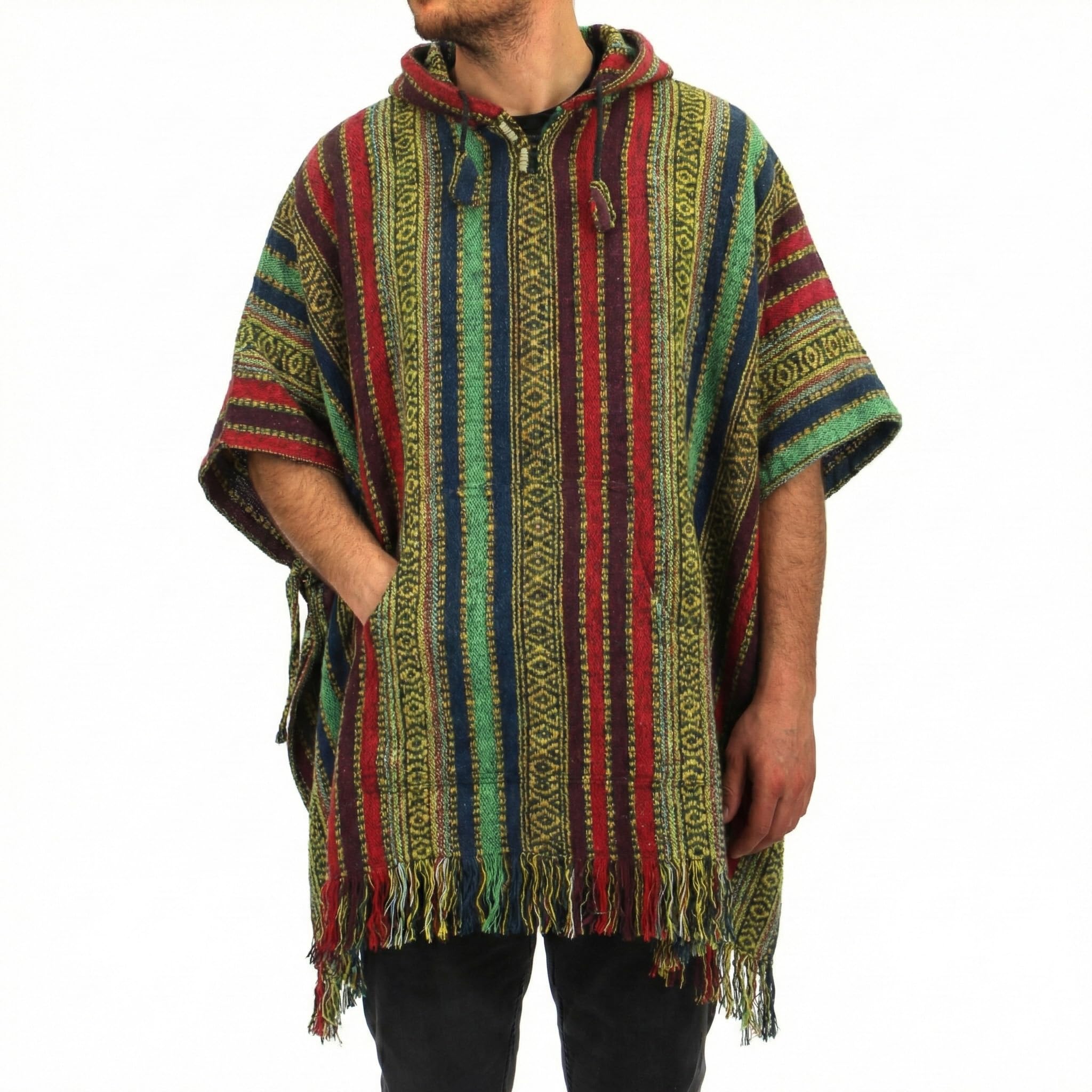 100% Woven Cotton Mexican Style Hooded Poncho Unisex One Size For Camping Festivals Fireside