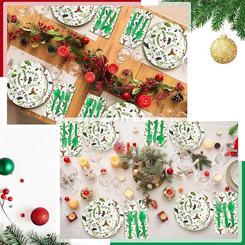 Miniatura 4 de Suttmin Juego de 400 piezas de suministros desechables de Navidad de bayas de acebo, 50 platos llanos de 9 pulgadas, platos de postre de 7 pulgadas,