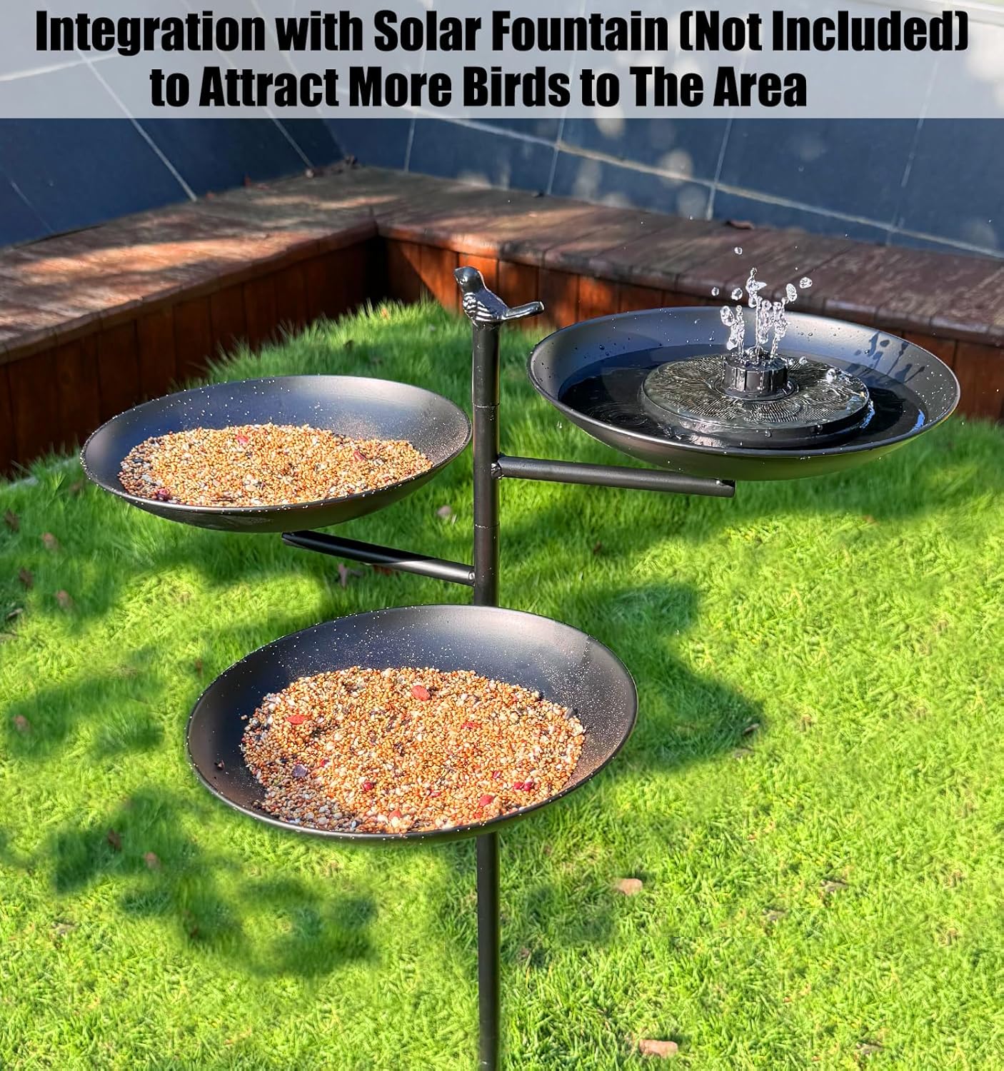 44" H Bird Bath and Feeder for Outside, 3 in 1 Metal Birdbaths for Outdoors, with 4-Prong Stake Base for Outdoors Yard Garden Patio, Black