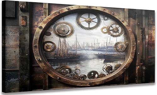 Vista 14 de Framed Vintage Mechanical Airship Wall Art Retro Industrial Metal Canvas Print Steampunk Style Fantasy Machine Illustration Artwork for Living Room