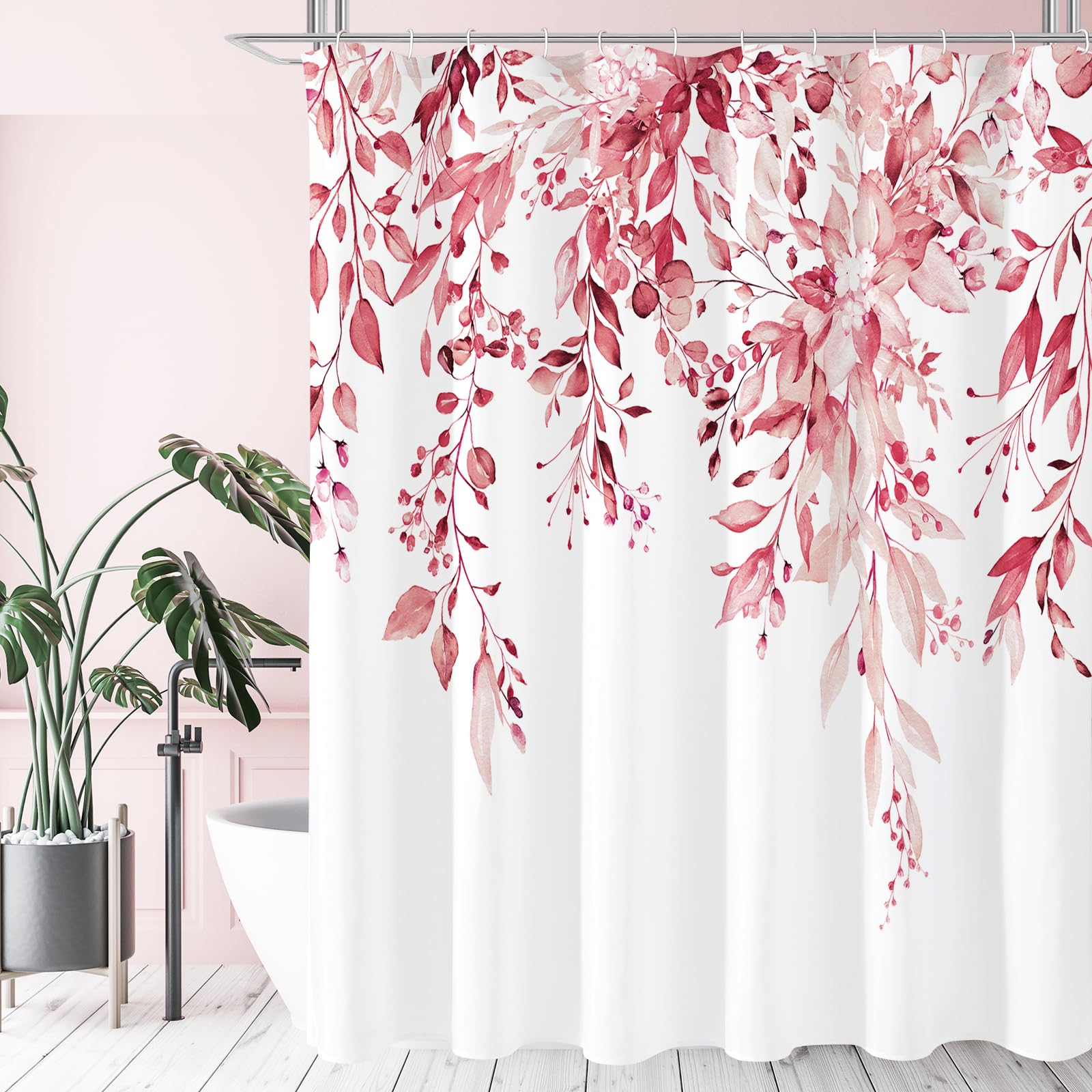 Gibelle Long Shower Curtain 72 x 78, Tall Pink Floral Shower Curtain for Bathroom, Watercolor Plant Eucalyptus Leaves Fabric Shower Curtain Set