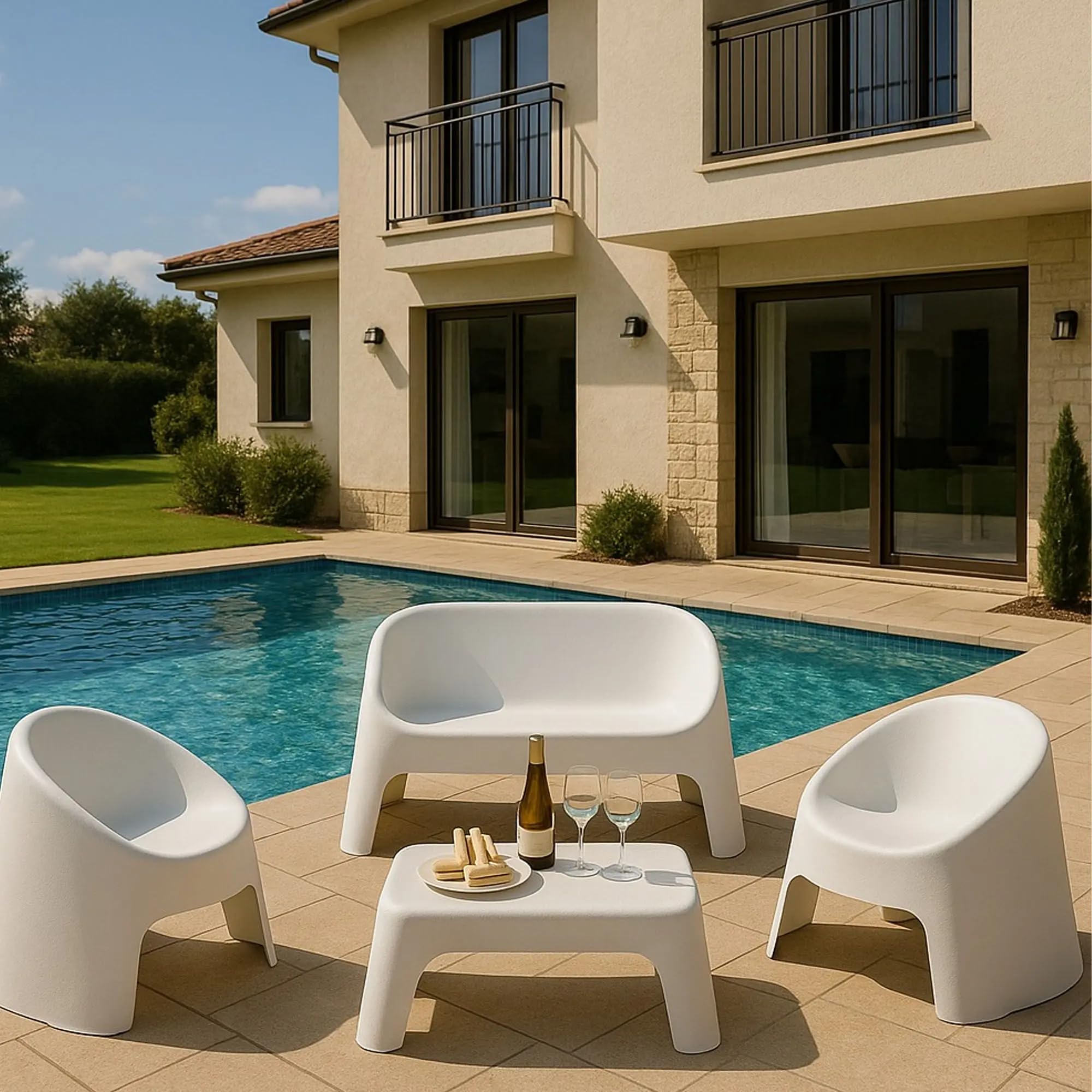 Cribel Corfù Set Da Giardino Esterno Bianco In Polipropilene, Salottino Moderno Con Divano Due Posti, Due Poltrone E Tavolino, Arredo Outdoor Per Terrazza Balcone E Spazi Aperti