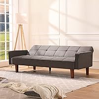 Vista 11 de Sofá cama moderno y simple, respaldo ajustable, sofá funcional con diseño de cuadrícula clásica, sofá de tres asientos, marco de madera, adecuado