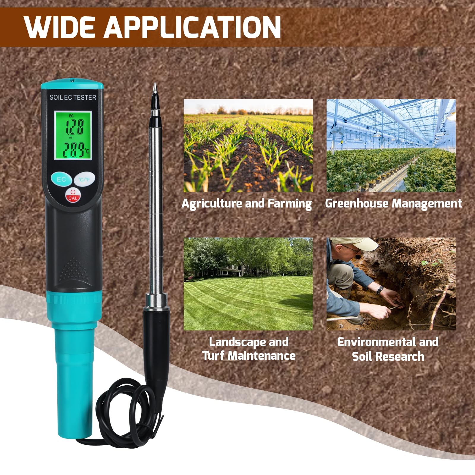 Medidor Portátil de CE y Temperatura del Suelo - Analizador de Fertilidad y Conductividad para Plantas, Jardinería, Invernaderos (Interior/Exterior) IP67