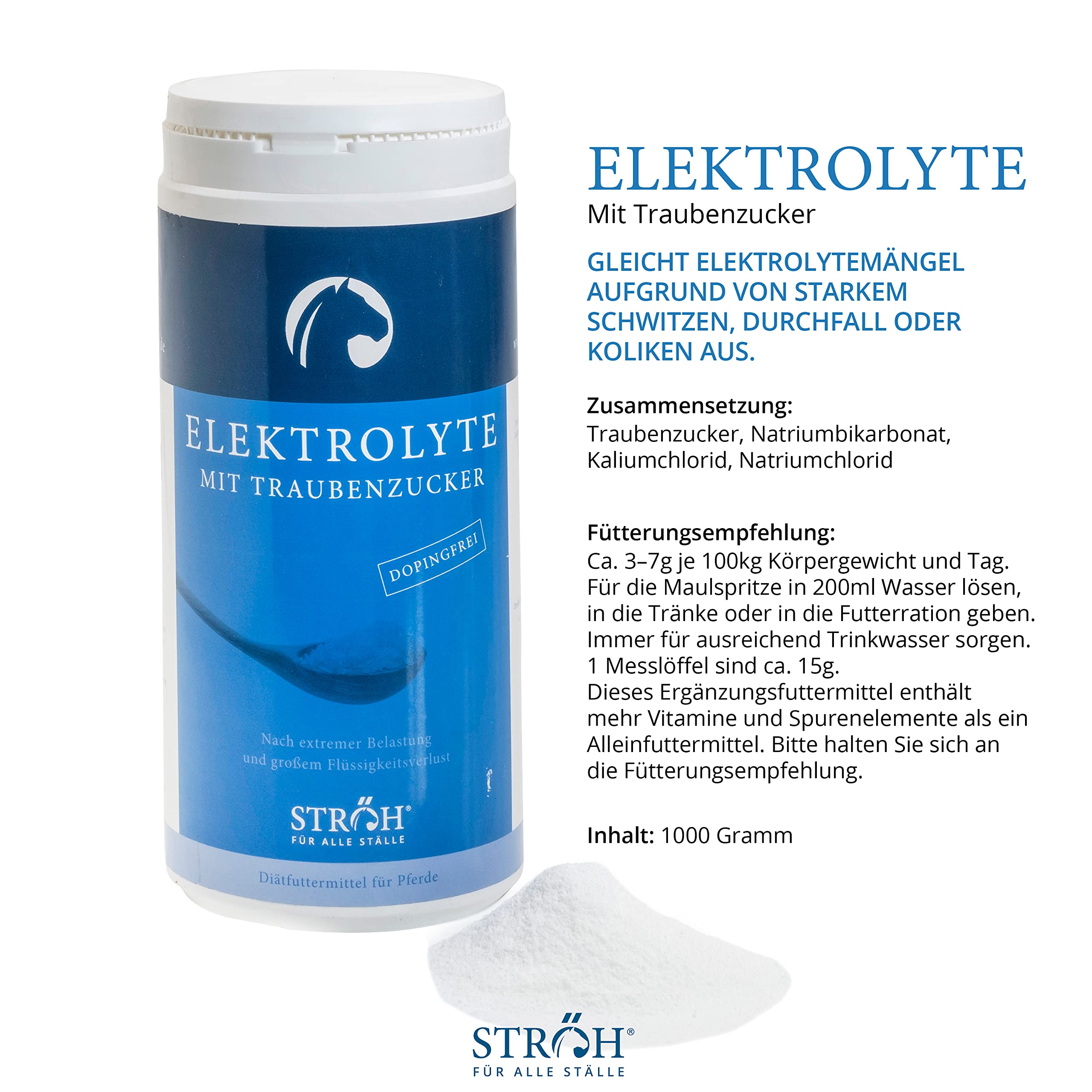 STRÖH Elektrolyte für Pferde + Traubenzucker (1,5 kg) • Mineralsalz Pulver Pferd • Mineralien für Pferde