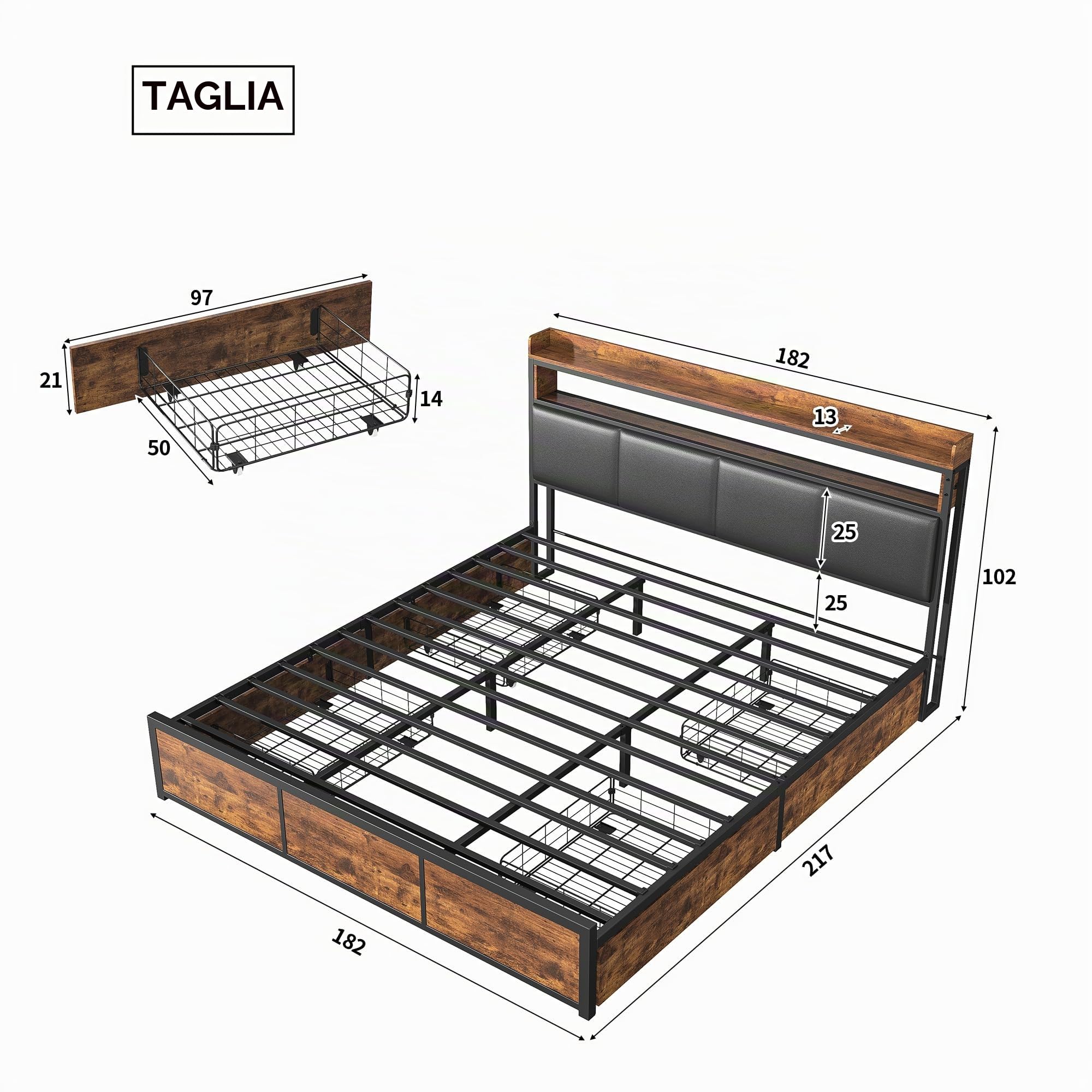 BRILVERDE Letto metallo 180x200 con Contenitore, letto matrimoniale con LED, letto con 4 cassetti, con testiera, struttura letto con rete a doghe, Pu (Nero, 180 x 200 cm)