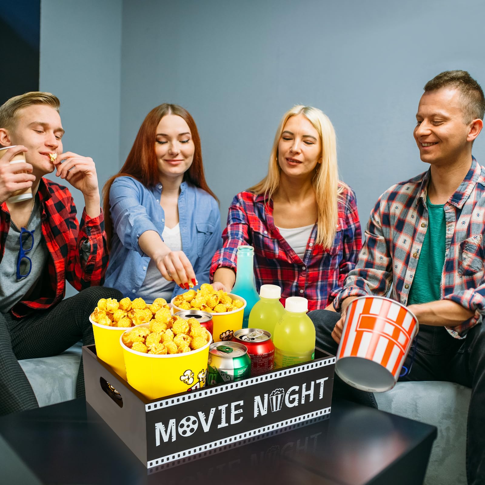 Bandeja de aperitivos de noche de cine, organizador de aperitivos de madera con asa, soporte de aperitivos de granja para encimera, cesta de almacenamiento de aperitivos, contenedores de