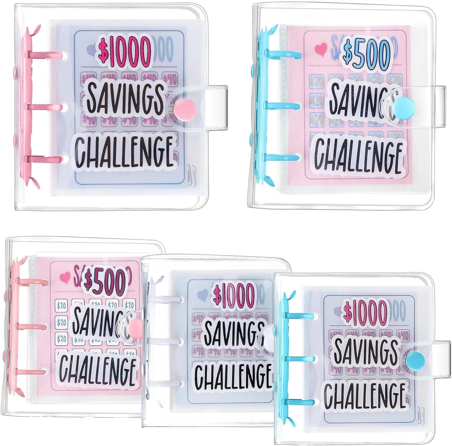 5 Pack 500 & 1000 Dollars Money Saving Challenge with 25 Binder Mini Savings Challenge Book with Envelopes for Budgeting Cash Planner Blue & Pink & White