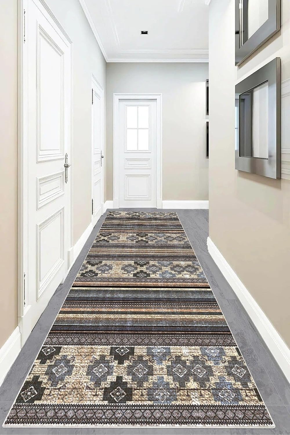Pelangi Geometrik Desenli Dijital Baskı Yıkanabilir Kaymaz Taban Etnik Kilim Desen Salon Halısı ve Yolluk, Mor-Bej 80 x 200, 955575915802007