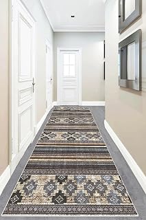 Pelangi Geometrik Desenli Dijital Baskı Yıkanabilir Kaymaz Taban Etnik Kilim Desen Salon Halısı ve Yolluk, Mor-Bej 80 x 200, 955575915802007