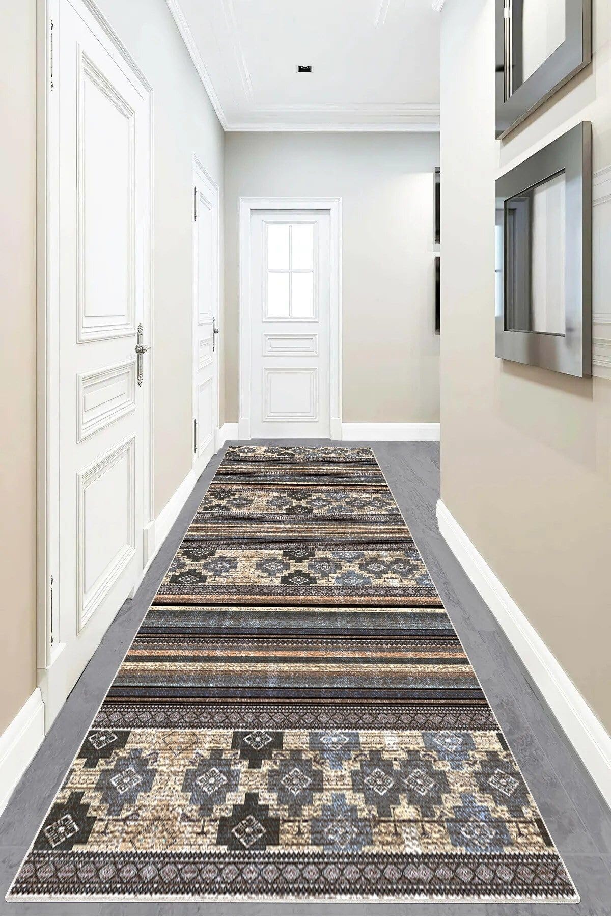 Pelangi Geometrik Desenli Dijital Baskı Yıkanabilir Kaymaz Taban Etnik Kilim Desen Salon Halısı ve Yolluk, Mor-Bej 80 x 200, 955575915802007