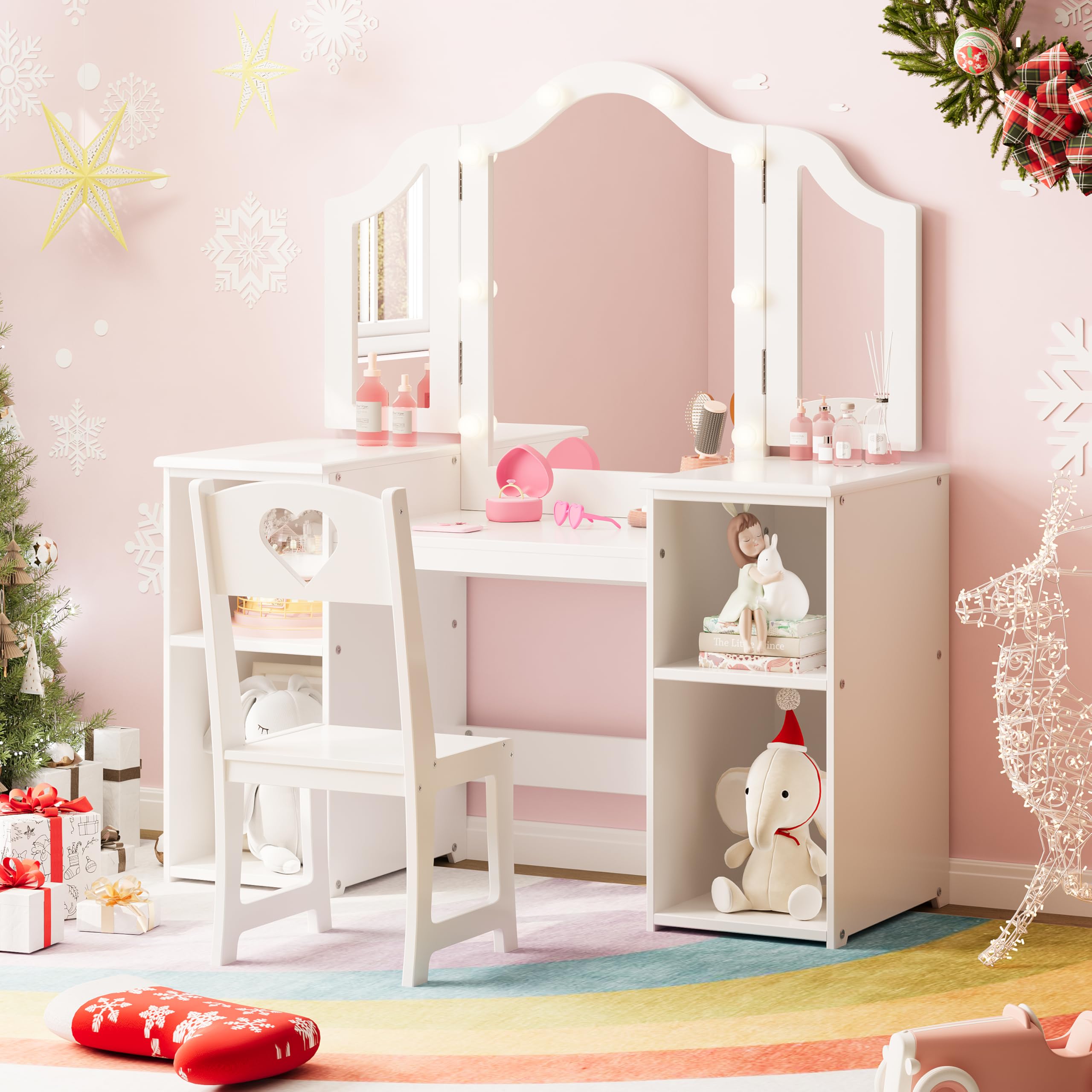 GarveeHome Kids Vanity with Lights Storage Cabinet &amp; Touch Light Detachable Tri-Folding Mirror, 2 in 1 Toddler Vanity Table &amp; Chair Set Wooden Girls Vanity Dress Table for Girls