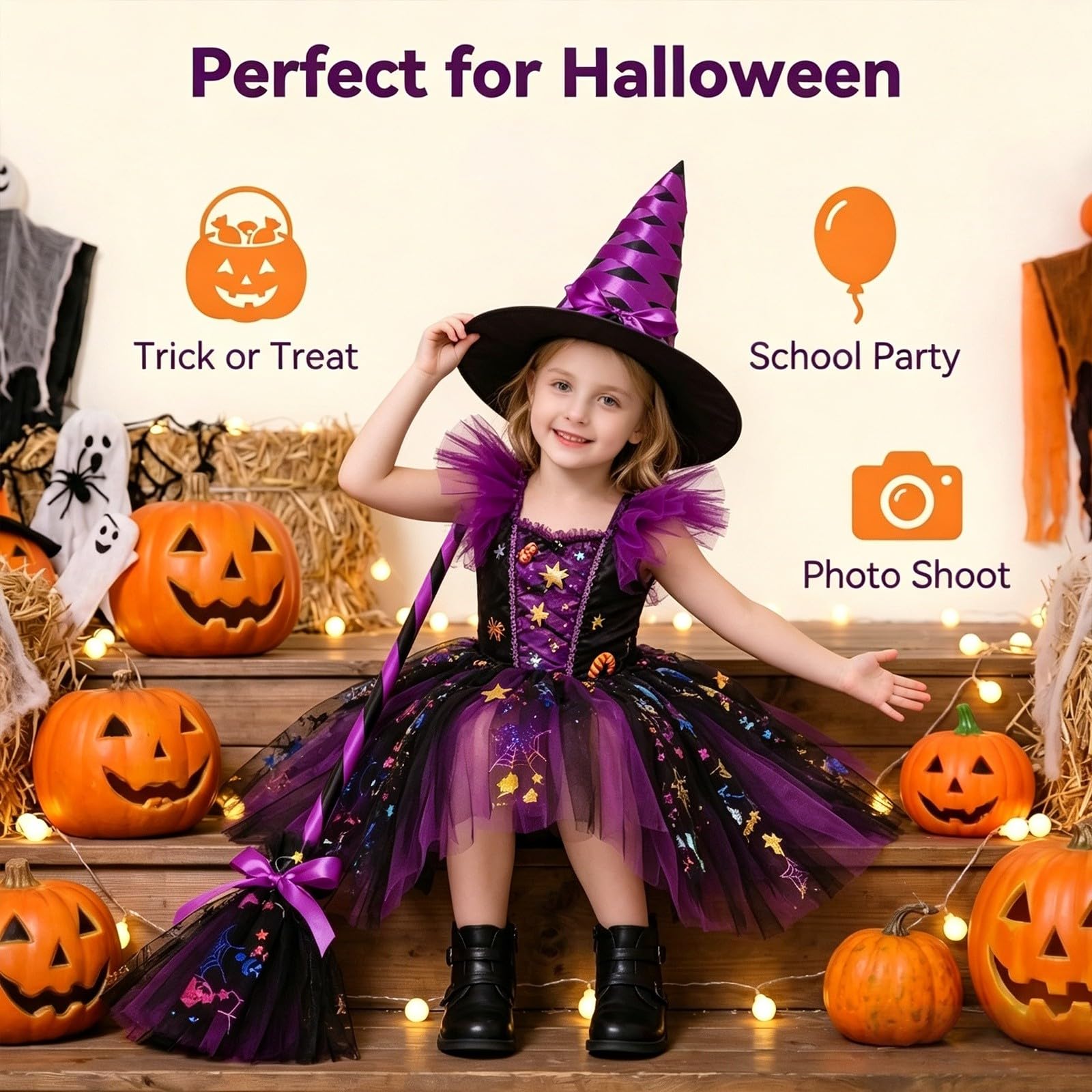 Hexenkostüm Kinder Halloween-Kostüm Kinder Halloween Set Mit Hut Besen Rock Und Umhang Violett Prinzessin Kleid Karneval Fasching Cosplay Kostüme Hexe Outfit